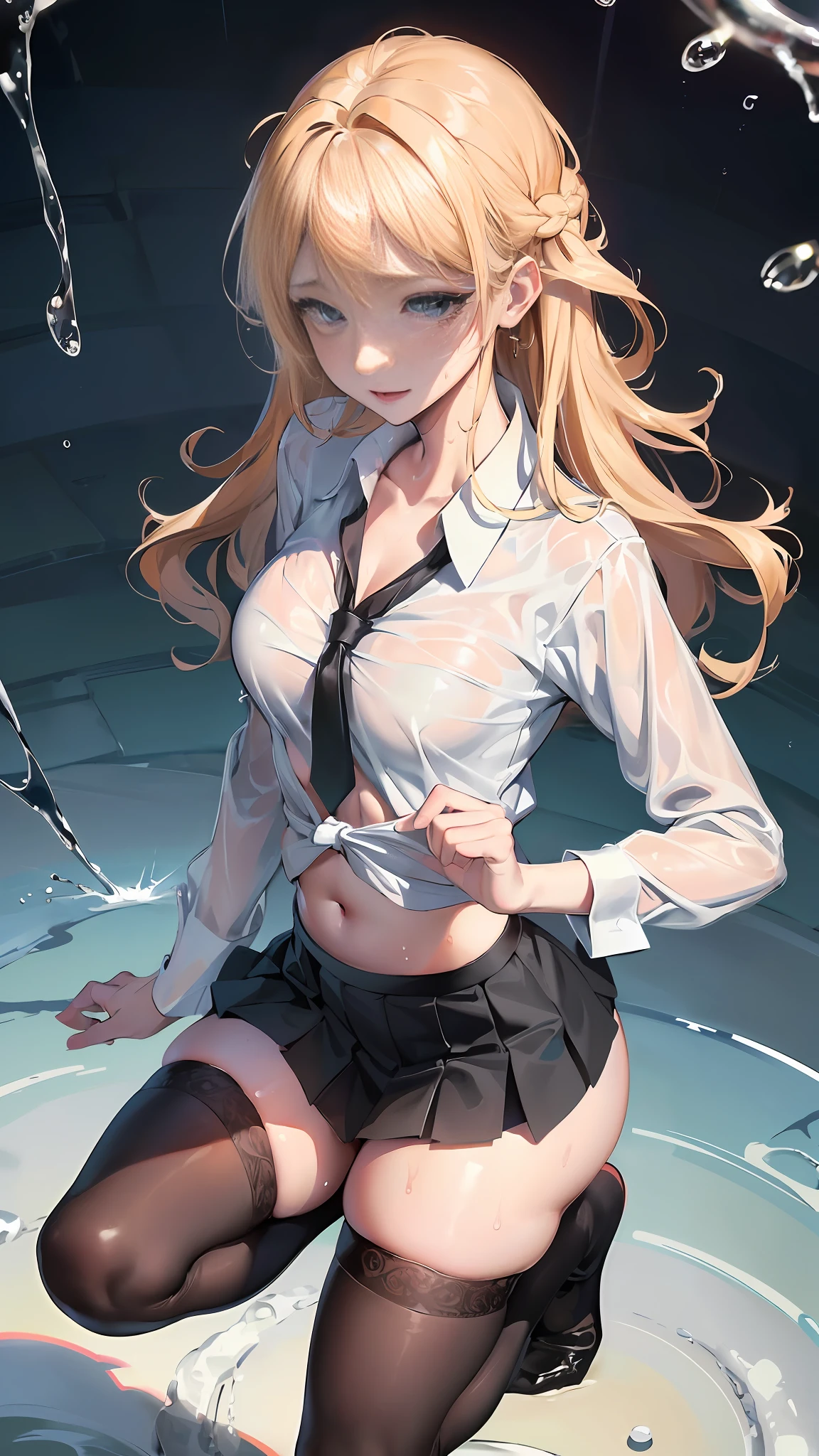 ((medium  breasts、 girl、Small head))、((15))sunraysunrays、(perfect body:1.1)、(young、、、、、、、、、、、、、、、、、)、(short wavy hair:1.2)、blond hair、、、、、、、、、、、、、、、、A full body shot、(girl wearing school uniform:1.4、Pleated Skirt、button up shirt)、((Student uniforms))、((((black stockings))))、((knee highs))、(extremely detailed CG 8k wallpaper)、(Extremely Delicate and Beautiful)、(MASTERPIECE)、(maximum quality:1.0)、(Super High Resolution:1.0)、Beautiful Lighting、perfect lightning、realistic shadows、 [HI-RES]、Skin details、Super Detailed、(spread leg))、(With legs up)、slim body)Stooping、large earring、thights、(Beautiful long hair)、、fine collarbone、soft navel、Soft midriff、Soft back、angle from above、Sweaty、Beautiful Breasts、huge tit、Blush、photorealistic、realistic faces、Realistic Eyes、small eyes、Grinning(colourful)))(Breast cleavage)))、(freckle)、(eye liner)、(mascara)、((thick white liquid on the body))、((Very sweaty)) ((Body wet)) ((wet thighs))、 ((spread thighs))、(((thick white liquid dripping from the body)))、((hands on thighs))