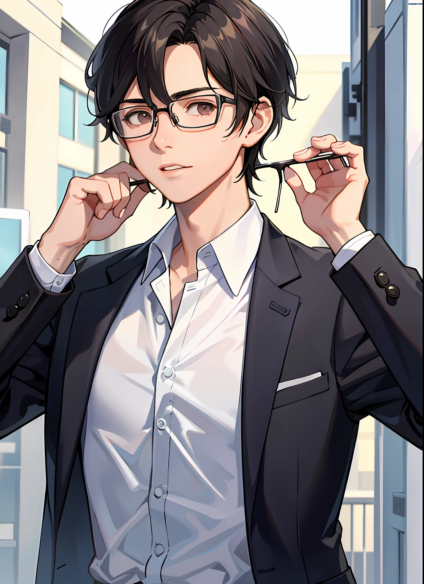 masterpiece, 1boy, male, , medium length hair, dark hair, rectangular glasses, shirt, school, upper body,