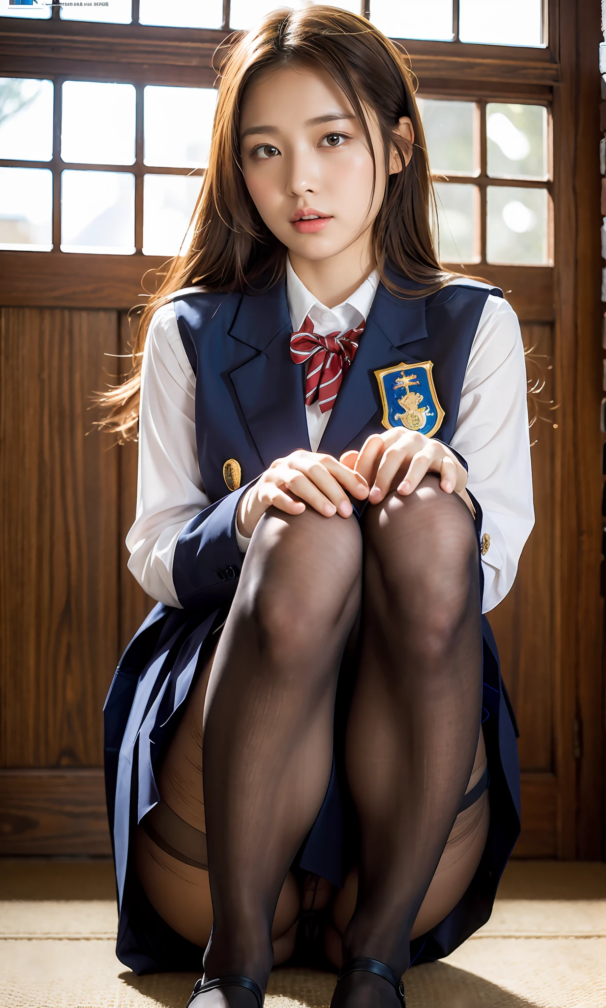 ulzzang-6500-v1.1, (raw photo:1.2), (photorealistic:1.4), beautiful detailed girl, very detailed eyes and face, beautiful detailed eyes, ridiculous, incredibly ridiculous, huge file size, super detailed, high resolution, very detailed, best quality, masterpiece, kemomimi, ((Japanese girls' high school uniform)), illustration, very detailed, CG, unified, 8k wallpaper, amazing, Fine details, masterpiece, best quality, very detailed CG uniform 8k wallpaper, light on face, movie lighting, 1girl, , ((no panties)), (dynamic pose))), (camel toe), (half), (pantyhose)), ((knee-bending and leg-hugging)), white belly pocket light and full transparent, no chest sticker, no bra, wearing a single belly pocket, vacuum, loose, chest chiaroscuro, realistic, ultra-realistic, photoreal, clothes torn, side breasts exposed, lower breasts exposed, The gap between the legs is clearly visible, the whole body photo, the panties are fully transparent, revealing the areola, revealing pubic hair, dew point, only two hands, only two feet, round breasts, pearl erotic panties, panties open