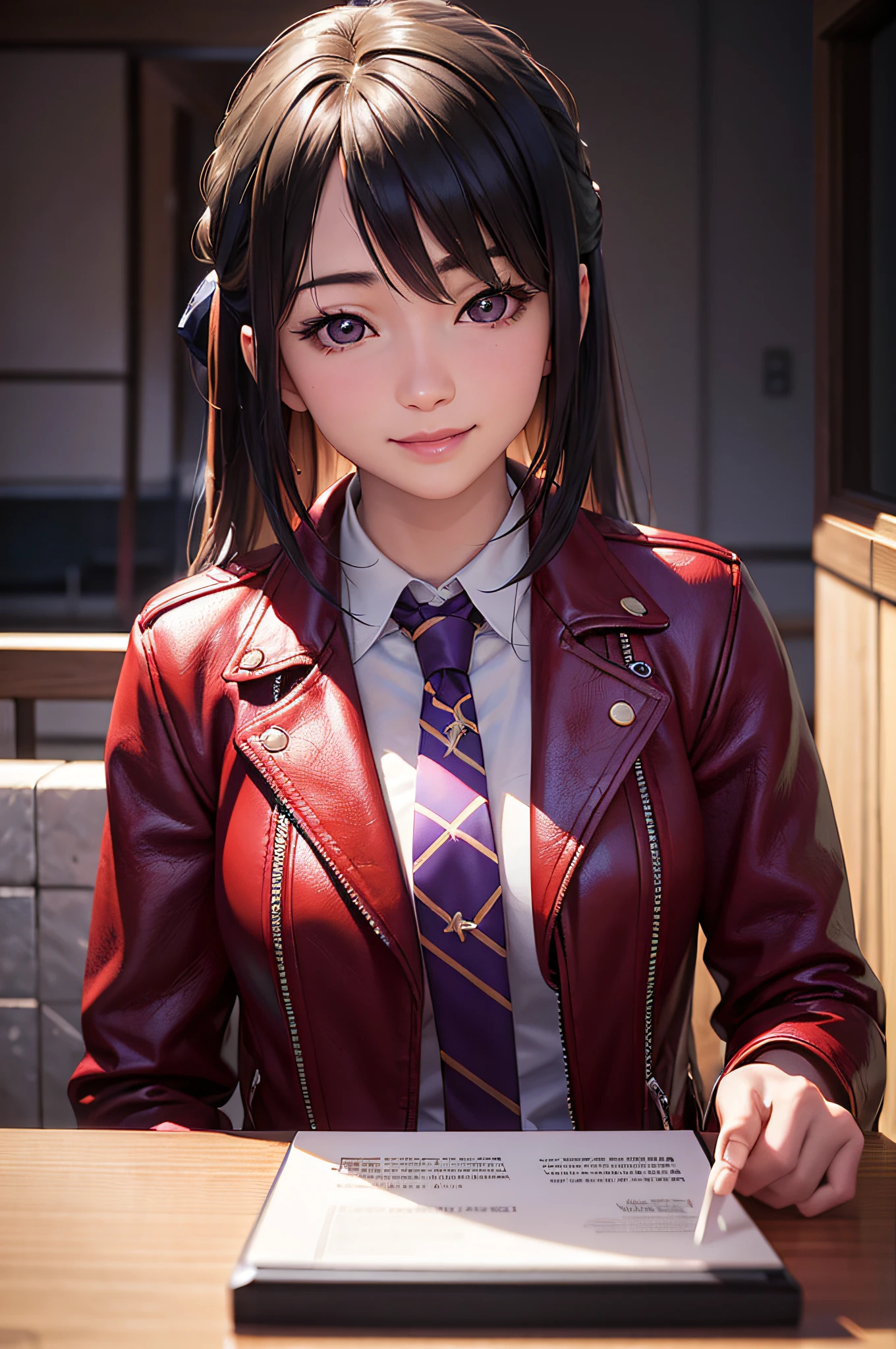 photorealistic smiling cute japanese woman 20 years old, beautiful detailed eyes, red leather jacket,white shirt, purple tie, epic cinematic, photorealistic, super realism, 8K, sharp focus, masterpiece, best quality, beautiful quality, looking at viewer, detailed lighting, extremely detailed skin, (photorealistic:1.4), raw photo, 1girl