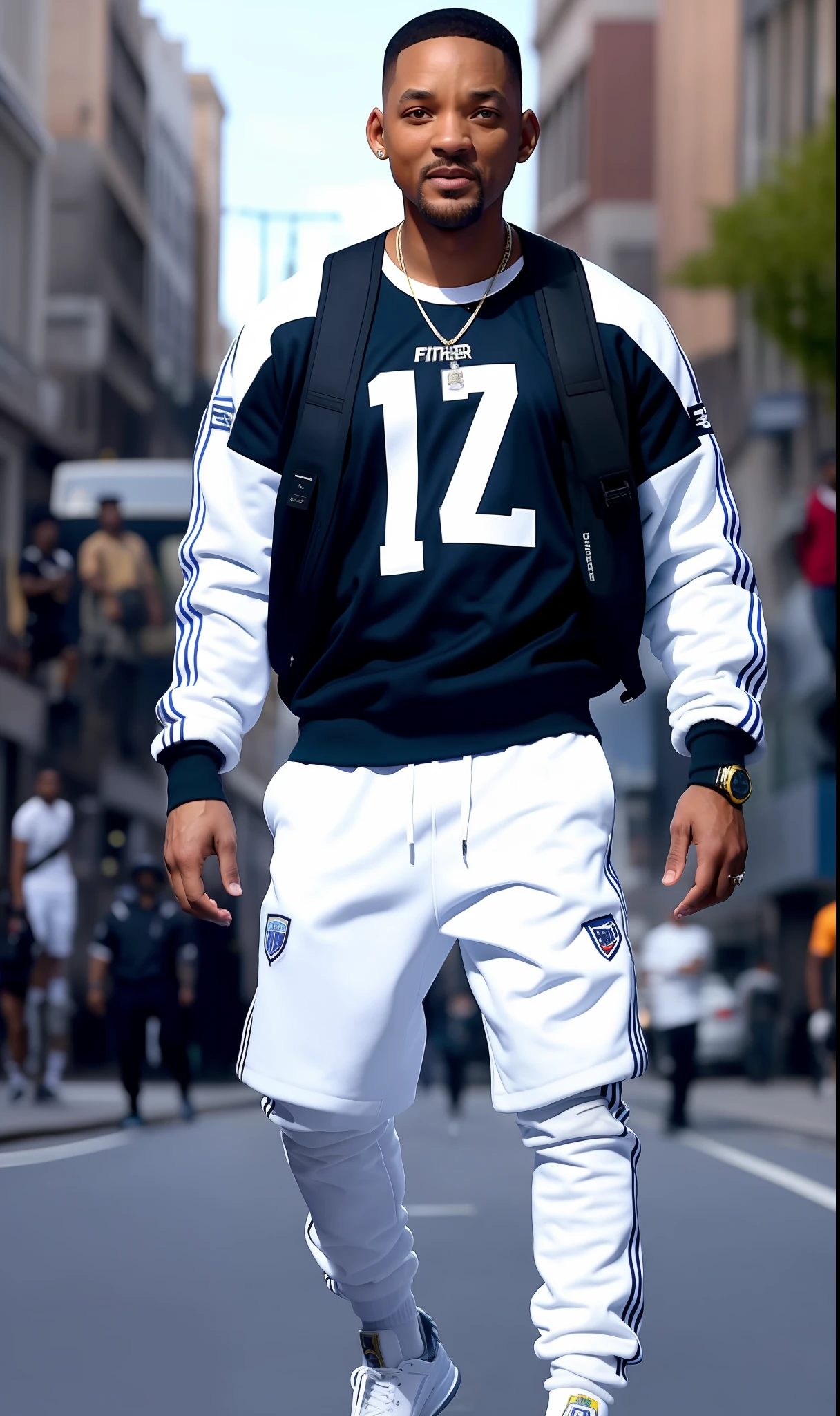Will Smith wearing white streetwear clothes in an urban city, depicted in ultra-realistic 3D Fortnite style, with fine and refined details, showcasing a well-built body at 20 years old, and captured in a cinematic image. {{ Full body }}.