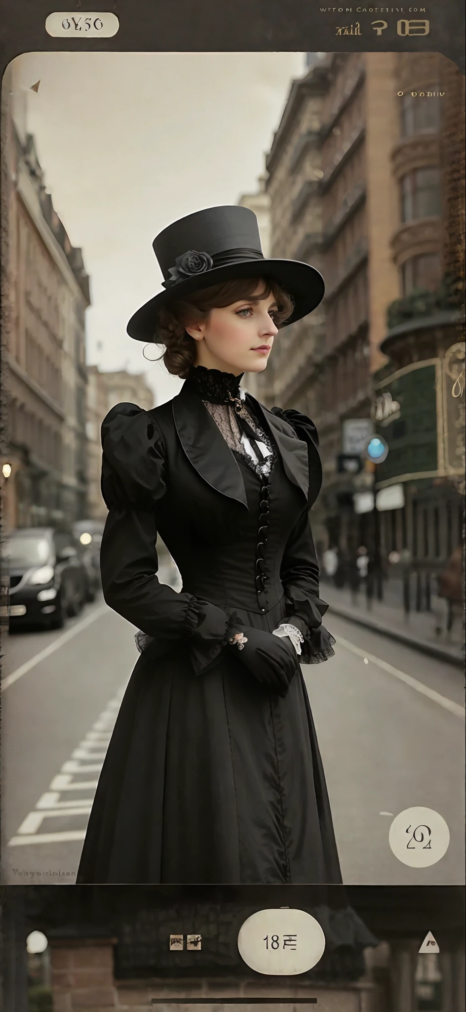 a close up of a person in a hat and dress on a street, victorian style costume, victorian lady, black victorian dress, a beautiful victorian woman, intricate victorian dress, victorian inspired clothing, wearing 1890s era clothes, inspired victorian sci - bio, elegant victorian vampire, victorian city, victorian dress, in victorian aristocrat, elegant cinematic pose, victorian clothing