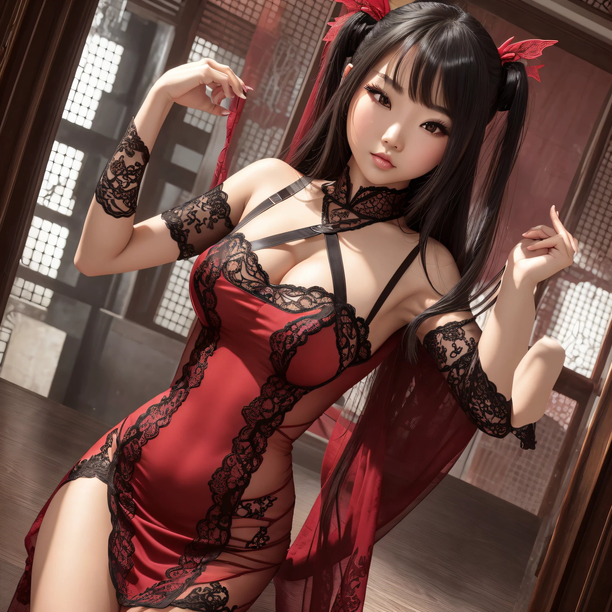 Mulher em uma lingerie preta e vermelha posando para uma foto, Cheongsam, muito sexy diabo roupa, usando lingerie sexy, asian nymph bald goddess, vestido sexy, sexy girl, chinese dress, Roupa aberta v peito grande, lingerie rendada, roupas de rede de pesca, roupa sexy, roupa muito sexy, Succubus em vestido curto apertado, asian girl, chinesa --auto --s2