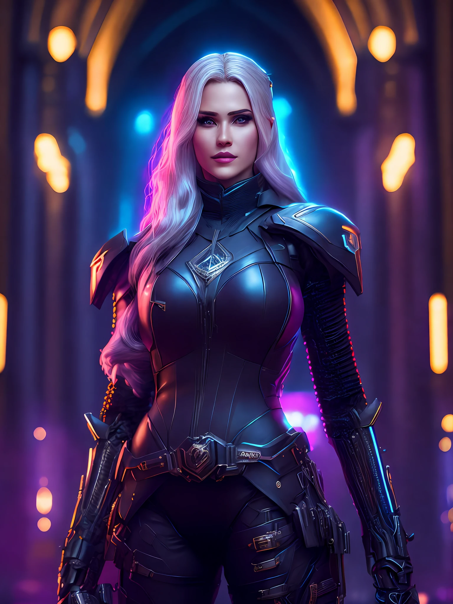 Portrait, Black Canary from DC, biomechanical, complex robot, full growth, hyperrealistic, insane small details, extremely clean lines, cyberpunk aesthetic, masterpiece presented at Zbrush Central, gothic brutalist cathedral, cyberpunk, award-winning photo, bokeh, neon lights, cybernetic limb