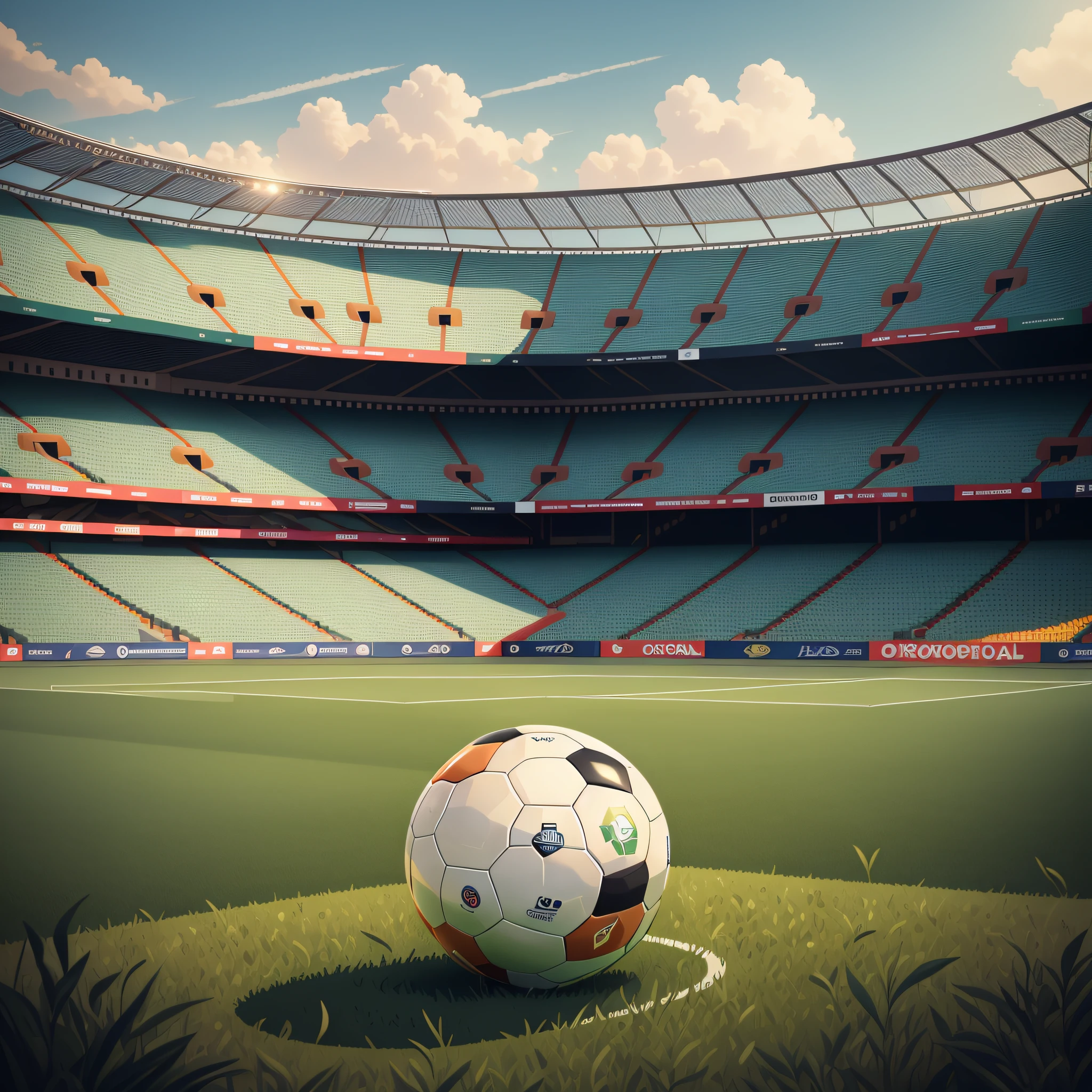 obra prima, there is a soccer ball on the grass in front of a stadium, bola futebol, futebol, artistic depiction --auto --s2