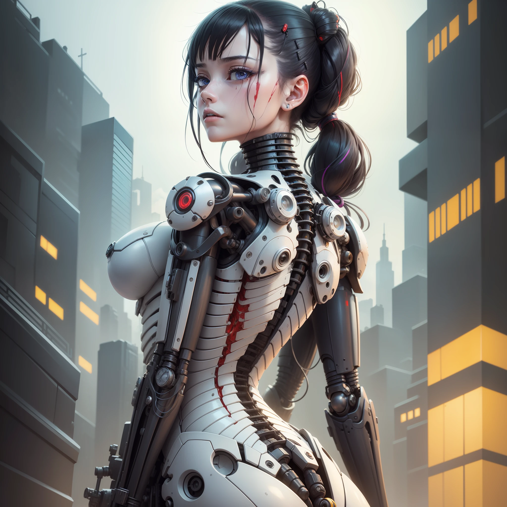 open-eyed girl,extremely detailed, colorful, more detailed,solo,full body,machine-made joints,mechanical limbs,blood vessels connected to tubes,mechanical vertebra attached to back,mechanical cervial attached to neck,lying,expressionless,character focus,science fiction, white background,cyberpunk,ghost in the shell,battle angel (blood: 1.5)