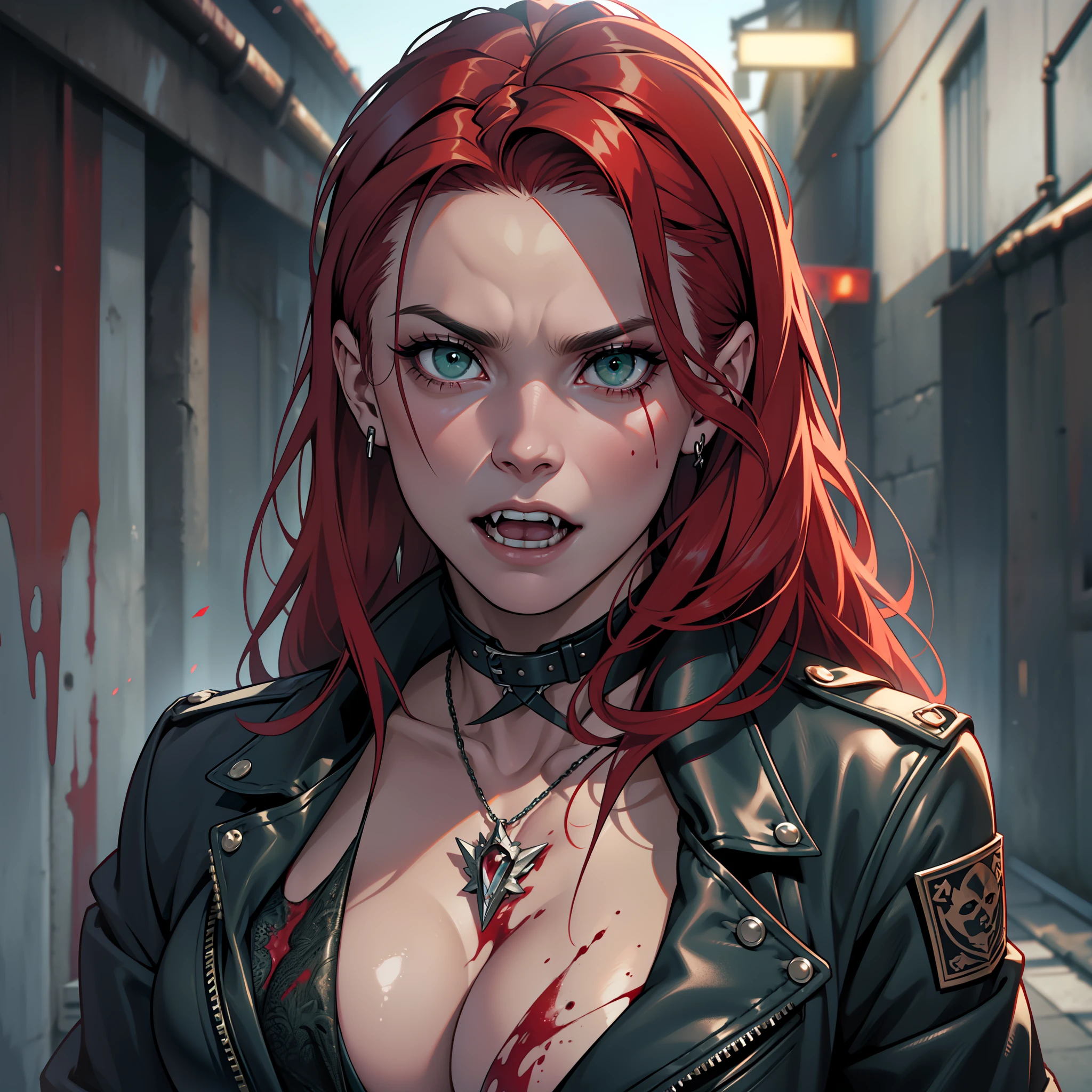 (extremely detailed 8k wallpaper), dark theme, Vampire the Masquerade, modern horror, 2020s, beautiful woman, wearing blood-stained leather coat, sharp focus, (subsuperficial scattering:1.1), award-winning photography, centered face, (Amy Adams face), half-body photo:1.1, medium red hair, bright supernatural green eyes:1.2, lots of tattoos, very angry, open mouth showing vampire fangs, Psychopath-faced, creepy, in a dark alley at night, facing the beach, with a bloodied axe in her hand at night, dramatic lighting