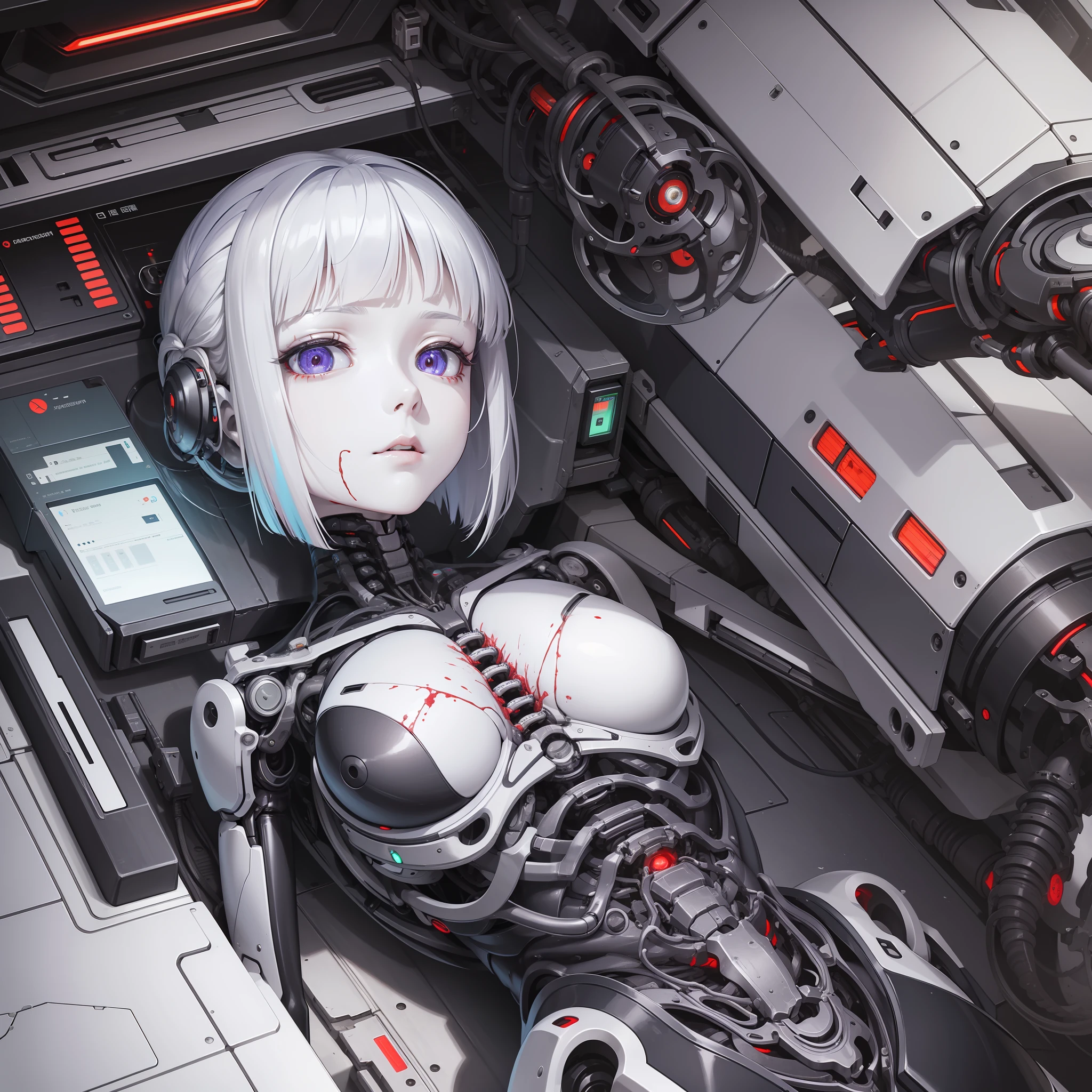 android open eyes,extremely detailed, colorful, more detailed,soil,full body,machine made joints,mechanical limbs,blood vessels connected to tubes,mechanical vertebra attached to back,mechanical cervial attached to neck,lying down,expressionless,character focus,science fiction, white background,cyberpunk,ghost in the shell,battle angel (blood: 1.5)