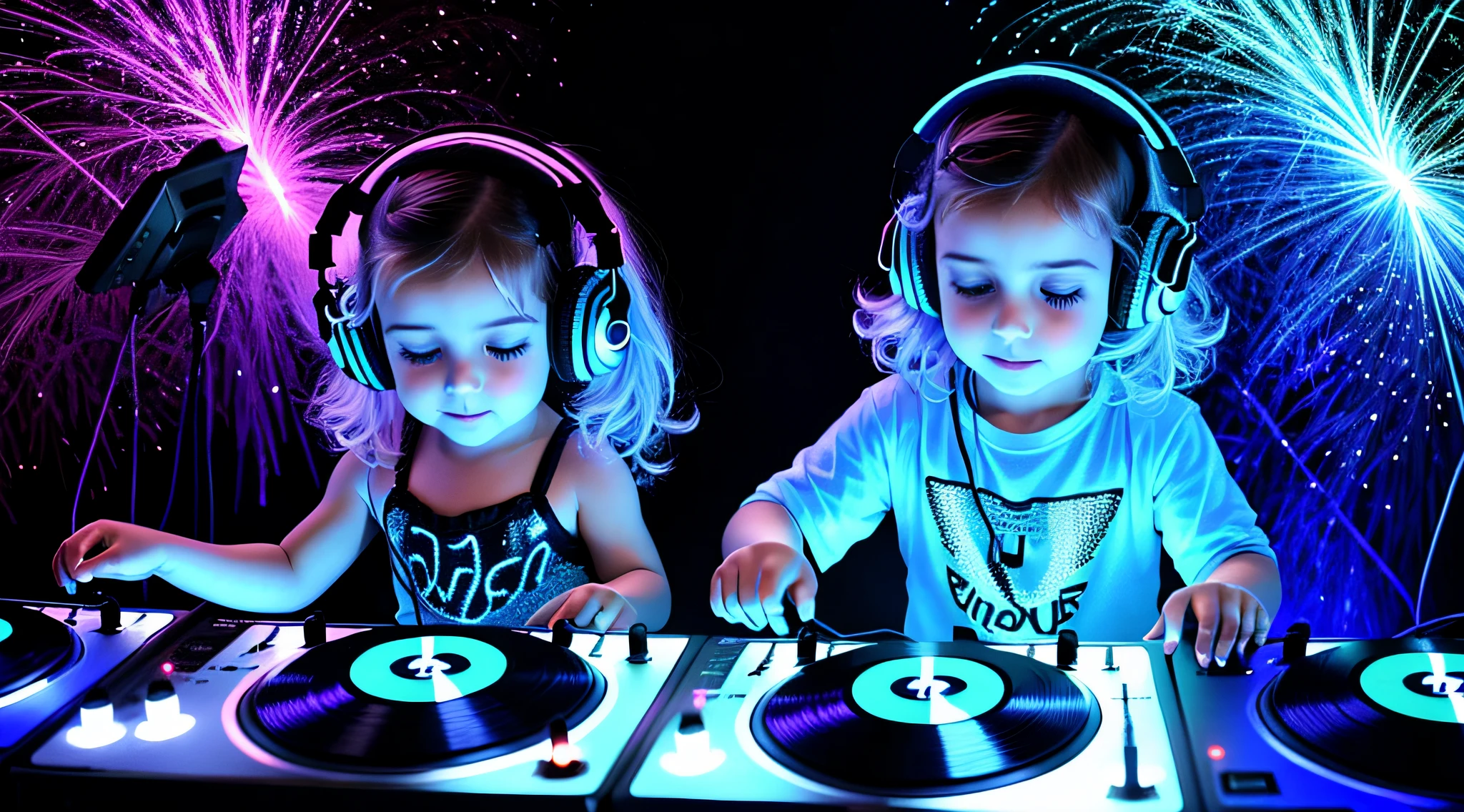 3 Russian children girls with 10 years old, COM CABELO LISO LONGOS LOIRA, ESTILO RETRATO, arafed image of a DJ playing music with a blue light, DJ, Festa DJ Rave, DJ em uma festa, Conjunto DJ, electronic music, fios de coisa brilhante, bursting with blue light, Aura Jared e Fios, com luzes azuis brilhantes, Fones de ouvido DJ Rave, blue lighting. fantasia, pintura de luz, brilhante - fino - Fios, epic cold blue lighting