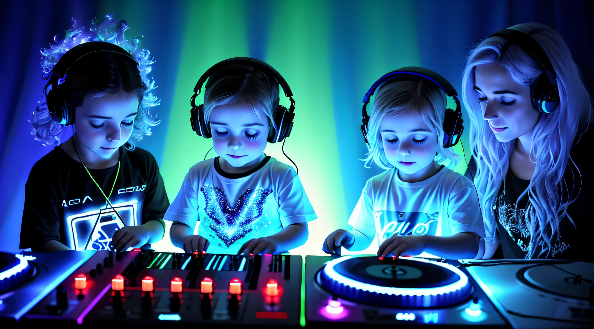 3 Russian children girls with 10 years old, COM CABELO LISO LONGOS LOIRA, ESTILO RETRATO, arafed image of a DJ playing music with a blue light, DJ, Festa DJ Rave, DJ em uma festa, Conjunto DJ, electronic music, fios de coisa brilhante, bursting with blue light, Aura Jared e Fios, com luzes azuis brilhantes, Fones de ouvido DJ Rave, blue lighting. fantasia, pintura de luz, brilhante - fino - Fios, epic cold blue lighting