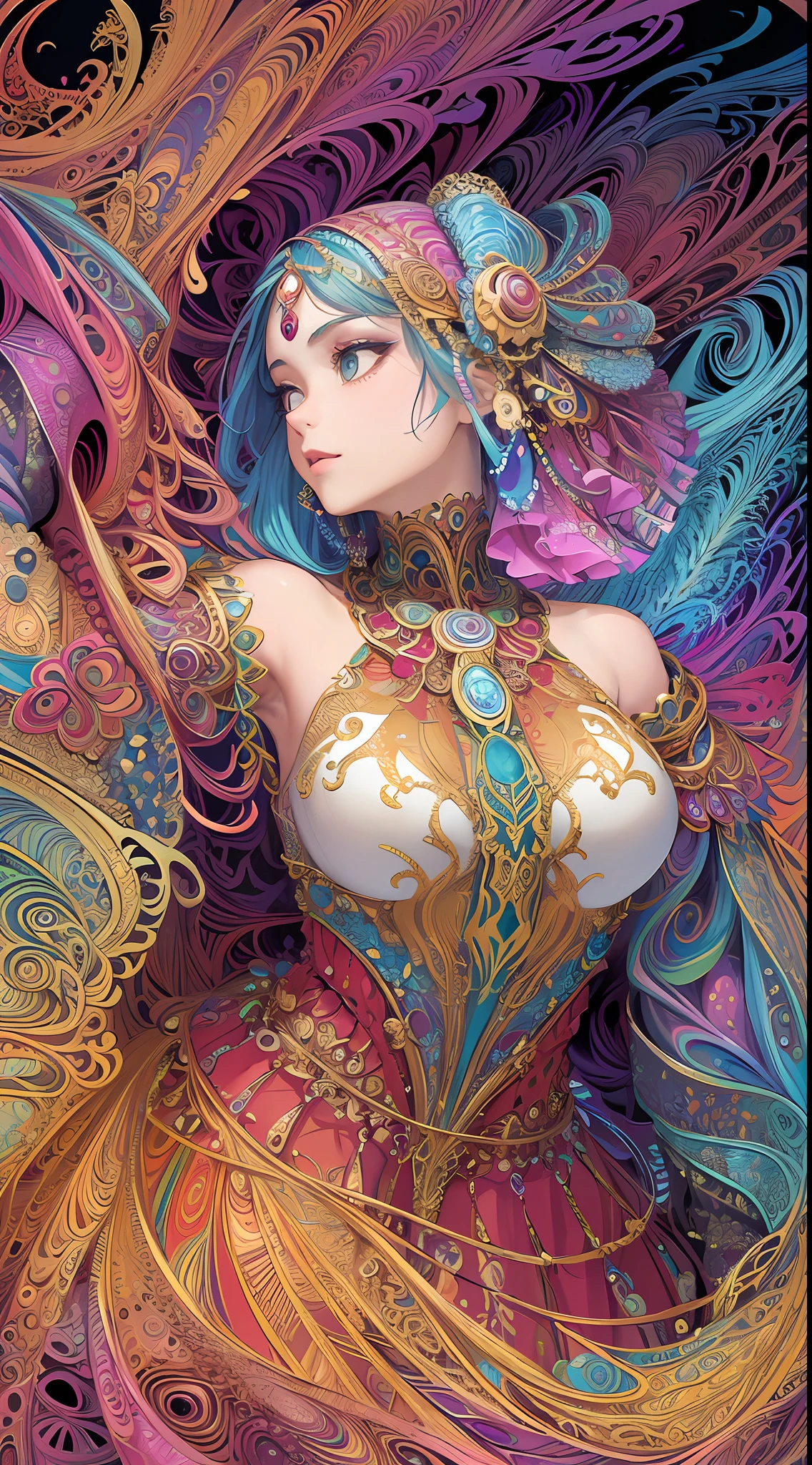 (masterpiece, top quality, best quality, official art, beautiful and aesthetic:1.2), (1girl:1.3), extremely detailed,(fractal art:1.2),colorful,highest detailed,(zentangle:1.2), (dynamic pose), (abstract background:1.5), (treditional dress:1.2), (shiny skin), (many colors:1.4), upper body