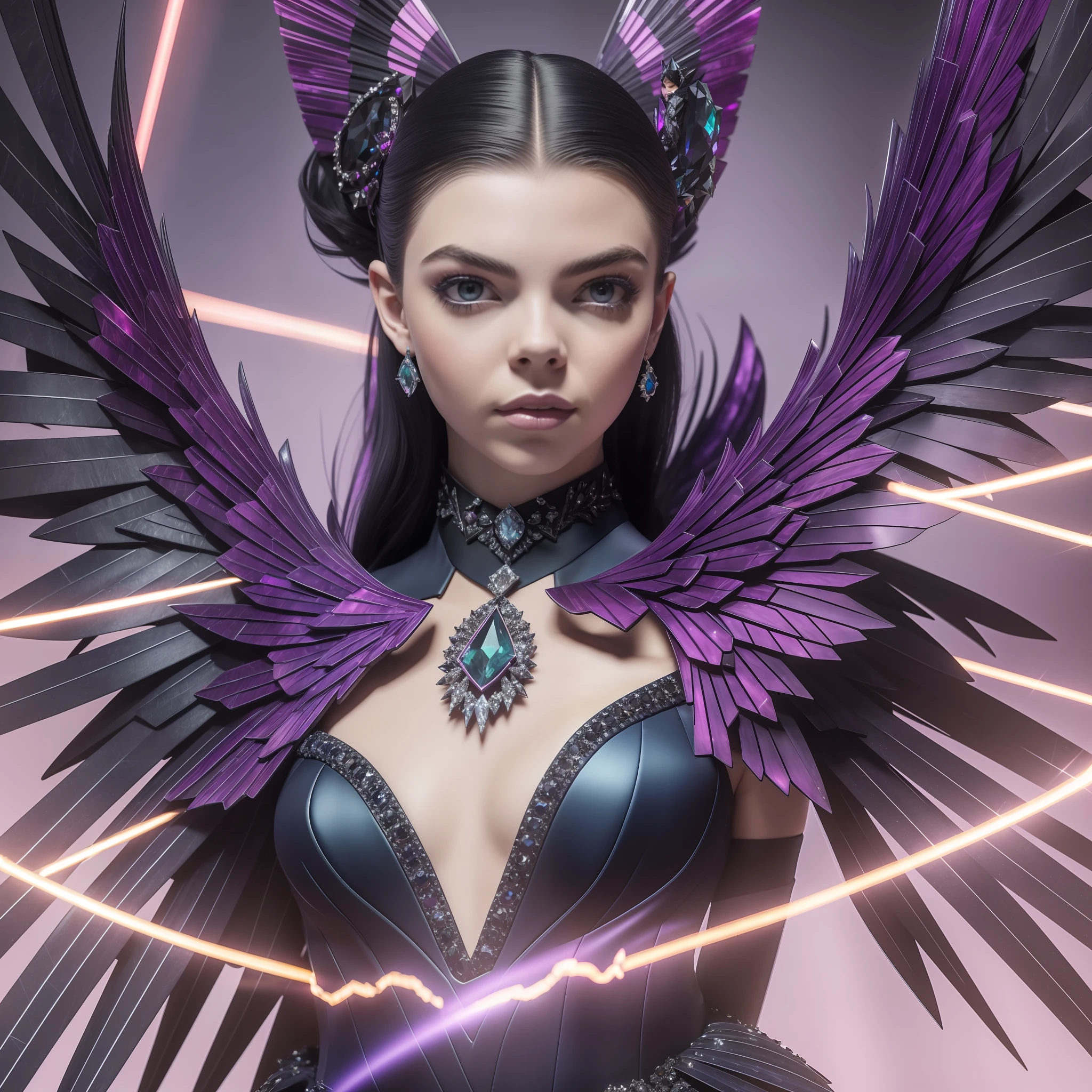 Ultra Pro Real photo of Anya Taylor with black spinel wings on the dress with sparks 

Indigo Tourmaline Diamond Kunzite, texture 16K, Gothic dress Lava extravagant ruby and hairstyle 

Short puffy strange, image 16k, haute couture, flashs rainbow glow blow spike, high quality 

image, robe extravagante soie satin feutre et lumineuse, Face teeth and suave realistic body 

Seductive revealing under-Clothing Poses Drama DSLR UHD HDR 16k "Unreal Engine 5" retina 

"LightDagger" Crystaline