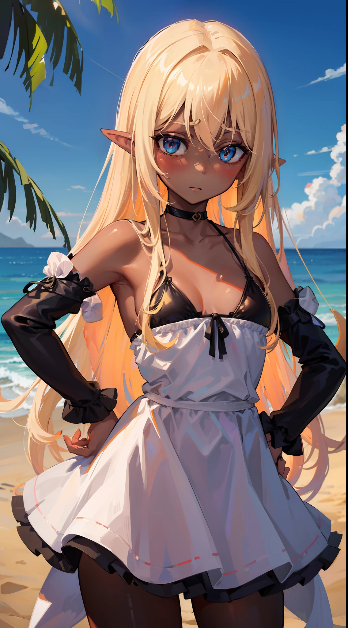 Best Shadows、shallow depth of field、Blush Eyeshadow、blond hair、、upturned eye、dark skin、Looking at the Camera、Sandy beach、(Black Micro Bikini)、shyness、bashfulness、the woman、Dark Elf、long Hair、Loleg、choker、Blue Eye、detailed eye、small breasts、Thin Waist、long bangs、ponie tail、Put your hands on your hips、Super delicate、Armpit、(maximum quality、Great detail:1.25)、Brilliant Colorful Paintings