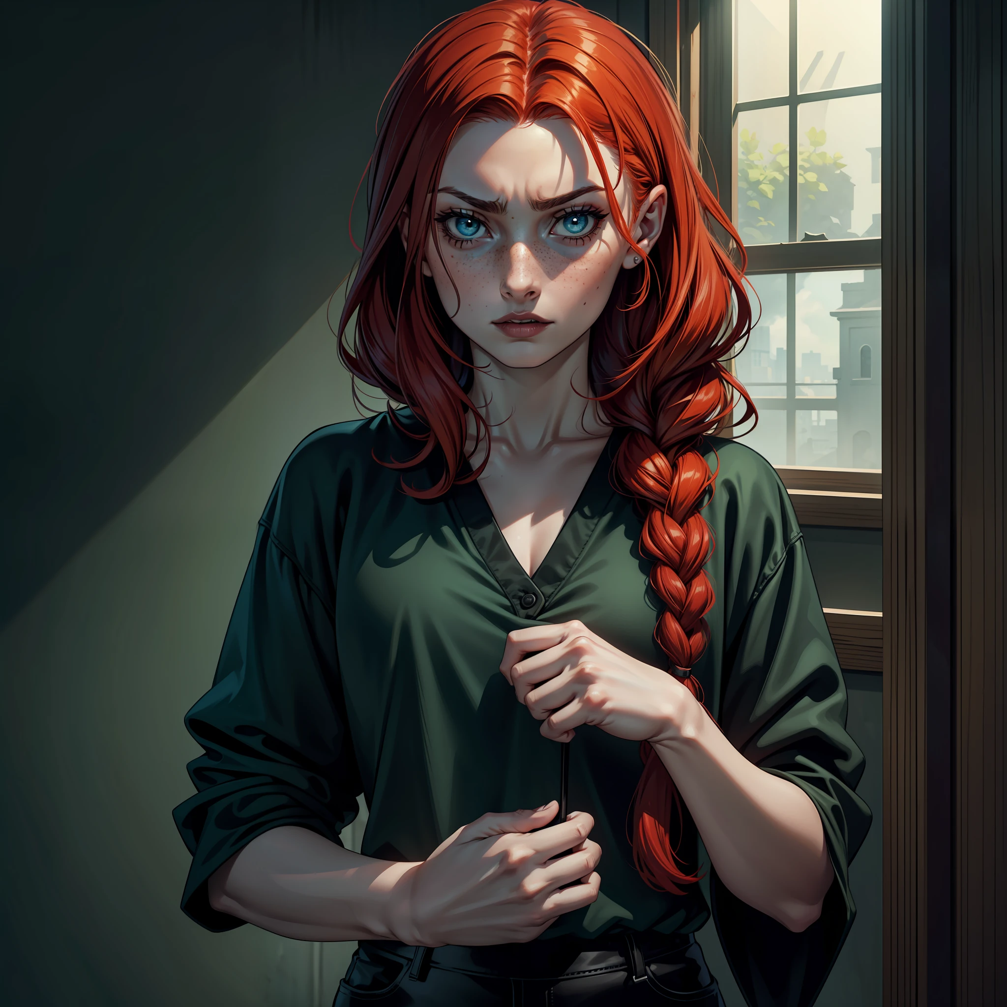 (extremely detailed 8k wallpaper), dark theme, Vampire the Masquerade, modern horror, 2020s, 1girl, , wearing children's shirt and shorts, sharp focus, (subsuperficial scattering:1.1), award-winning photography, centered face, Sophie Turner's face, full body photo:1.1, red hair, braids, freckles on the face, green blue eyes:1.2, panicked expression, inside a family home, dramatic lighting