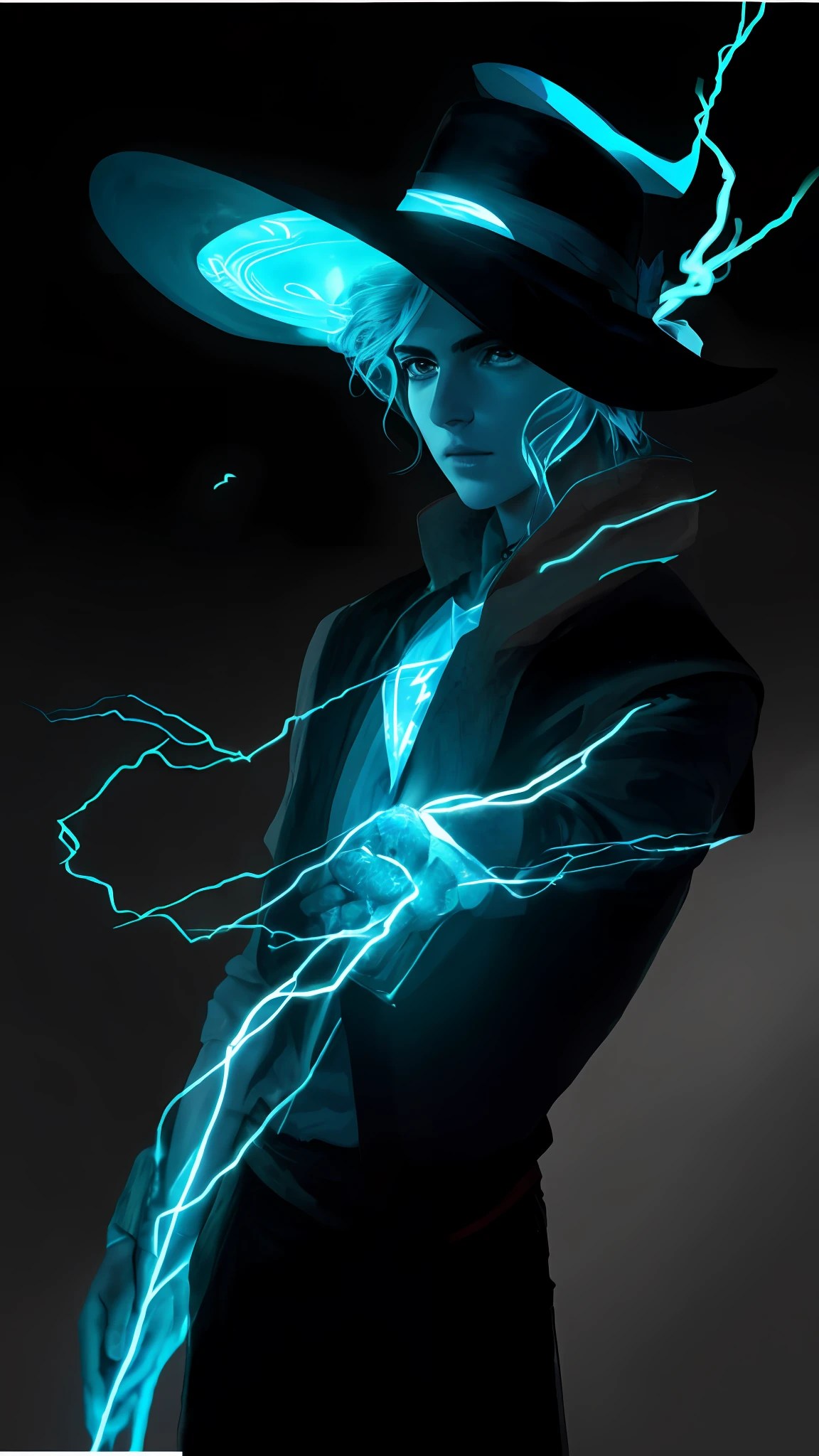 arafed image of a man in a hat with a glowing light, Retrato completo de Electromancer, he is casting a lighting spell, cyan lightning, glowing and epic, maya ali as a lightning mage, detailed lighting and thunder, clareamento luminoso, Guilherme H. Pongiluppi, aura de eletricidade, Maya Ali como uma feiticeira da tempestade, eletrizante