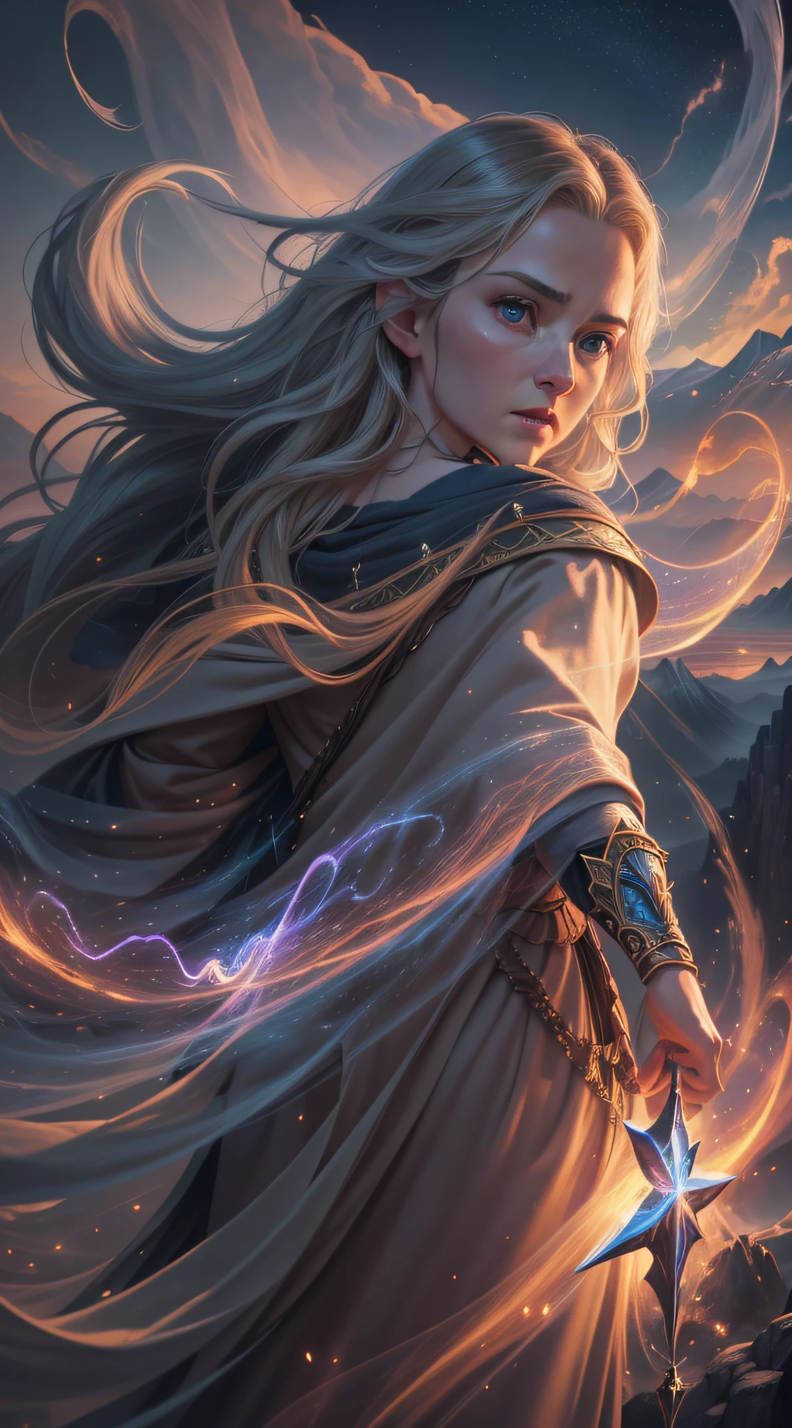 (extremely detailed and hyper-realistic CG artwork, masterpiece, best quality, impeccable sense of imagination and creativity), a majestic wizard casting a powerful spell amidst a breathtaking landscape of vast plains and towering mountains, all enveloped in the mystical aura of night and magic.