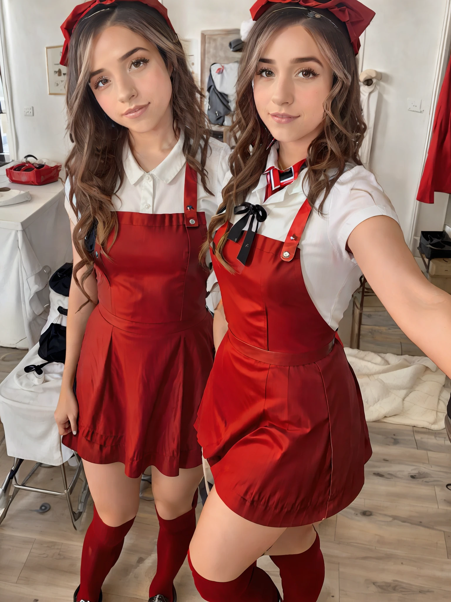 cerrar, (Pokimane), usar un uniforme escolar, sexy, Apoyado en un escritorio, [escote:0.3], feliz,Lauren Jauregui feliz (with hearing aids), y red  in a maid outfit poses for a picture, maid costume, maid, gorgeous maid, wearing maid uniform, maid outfit, french maid, maid dress, ( waitress red ) girl, maika monroe batgirl, promotional still, promotional image, gorgeous stella maeve magician, promotional images, wearing an apron, white apron, leather apron, beautiful stella maeve magician