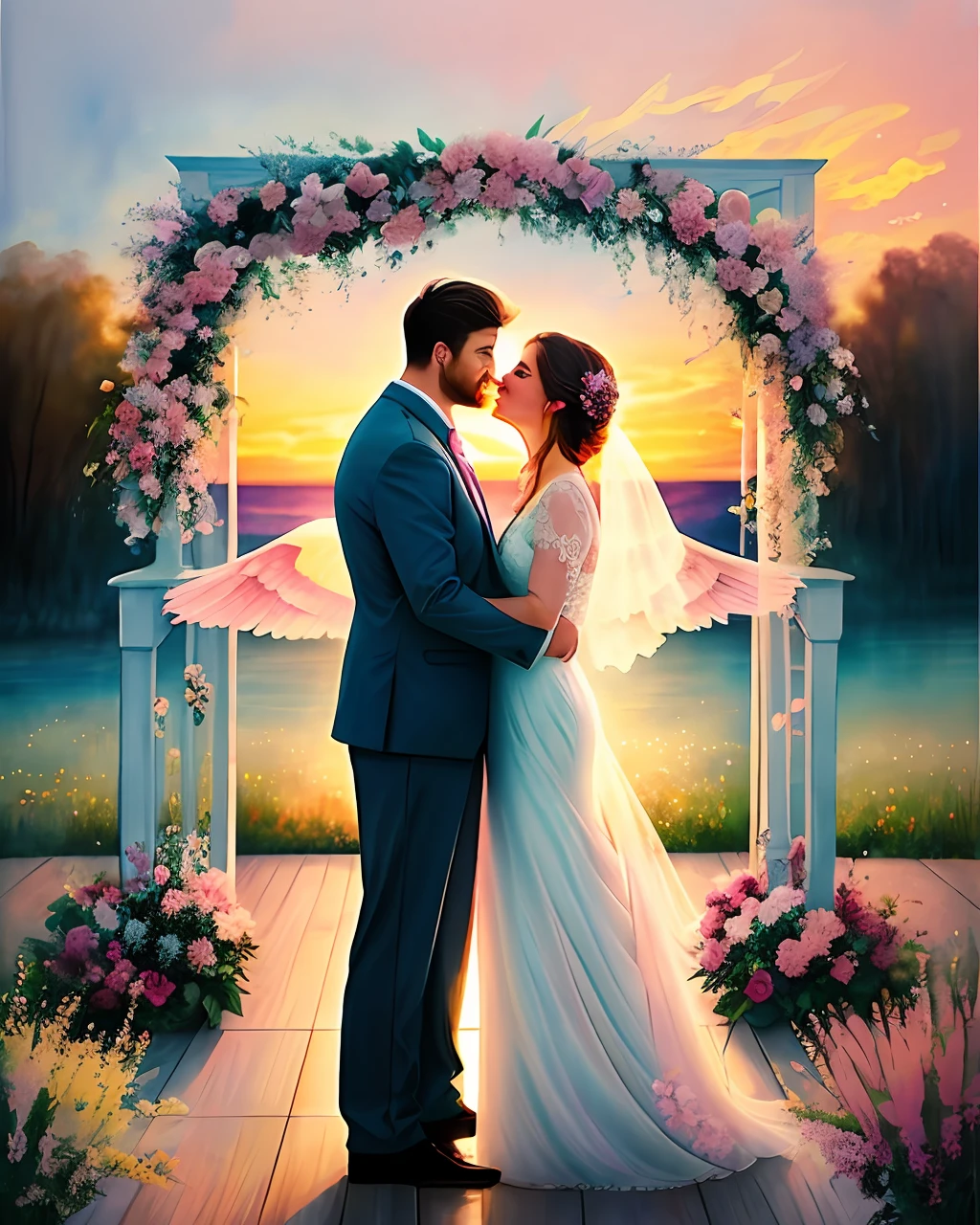 "Eternal Love"; [romantic atmosphere:1.2], soft [focus: 1.1], [pastel colors: 1.1], [light: 1.2], [warm feelings: 1.2], [floral elements: 1.1], [watercolor effect: 1.1], [sunset: 1.1], [embracing couple: 1.2], [pinky promise: 1.1], [wings: 1.1])