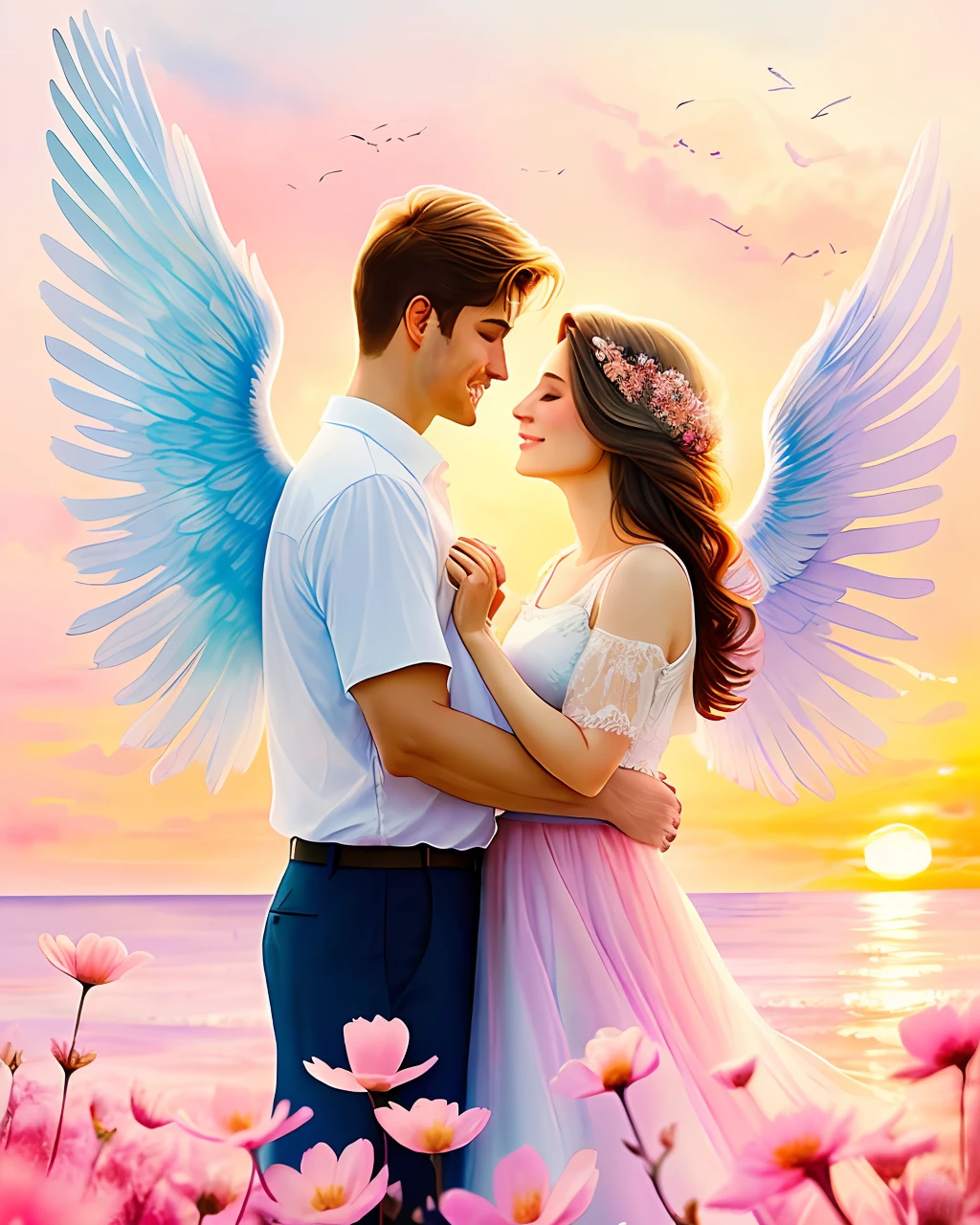 "Eternal Love"; [romantic atmosphere:1.2], soft [focus: 1.1], [pastel colors: 1.1], [light: 1.2], [warm feelings: 1.2], [floral elements: 1.1], [watercolor effect: 1.1], [sunset: 1.1], [embracing couple: 1.2], [pinky promise: 1.1], [wings: 1.1])