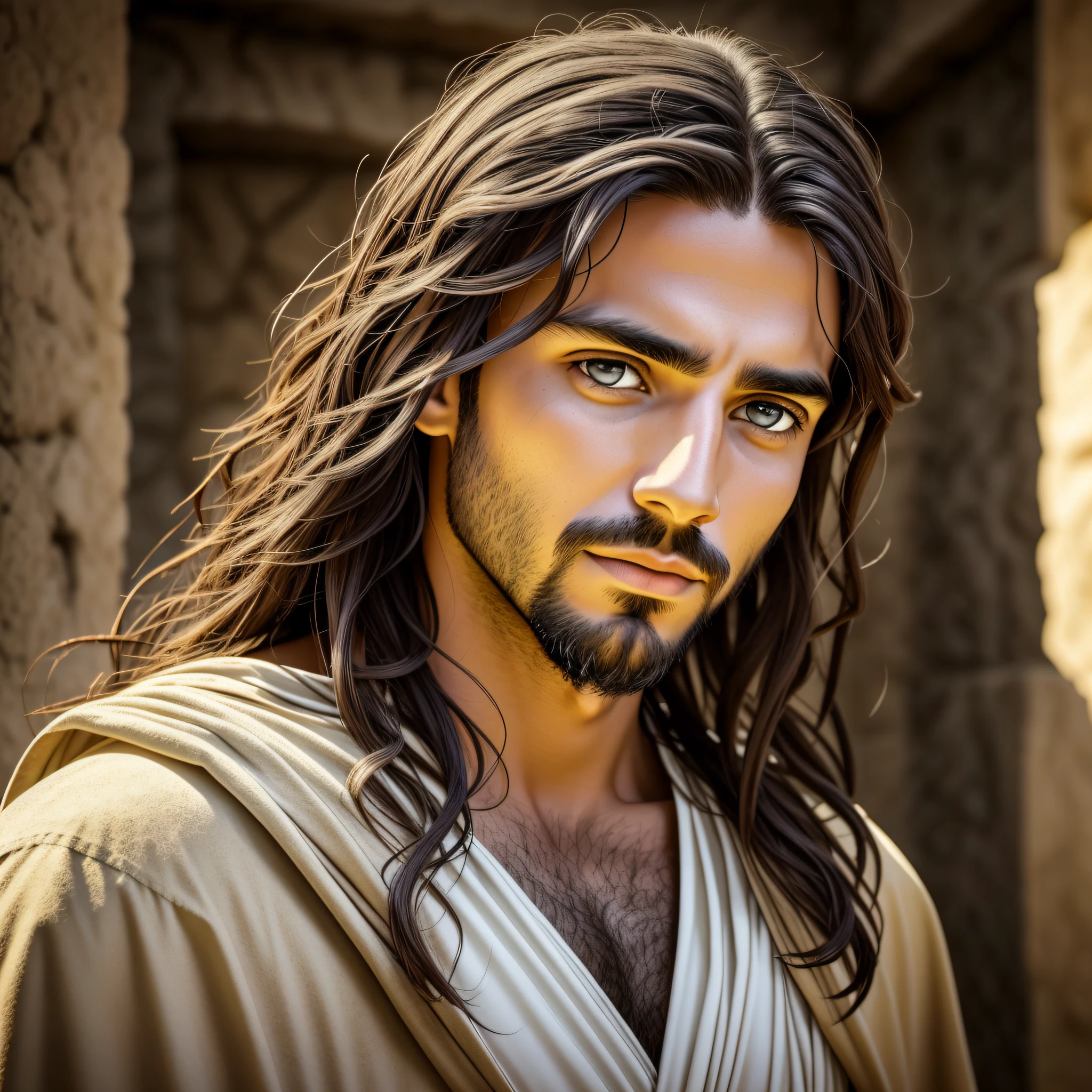 foto de Jesus, in biblical times Jesus, Ambiente claro fotorrealista, rosto completo, looking at the Camera, olhos tranquilos, rosto sereno e amoroso, olhar meigo, is with lights in the background, The whole environment is clear, Foto tirada por Busto --auto --s2