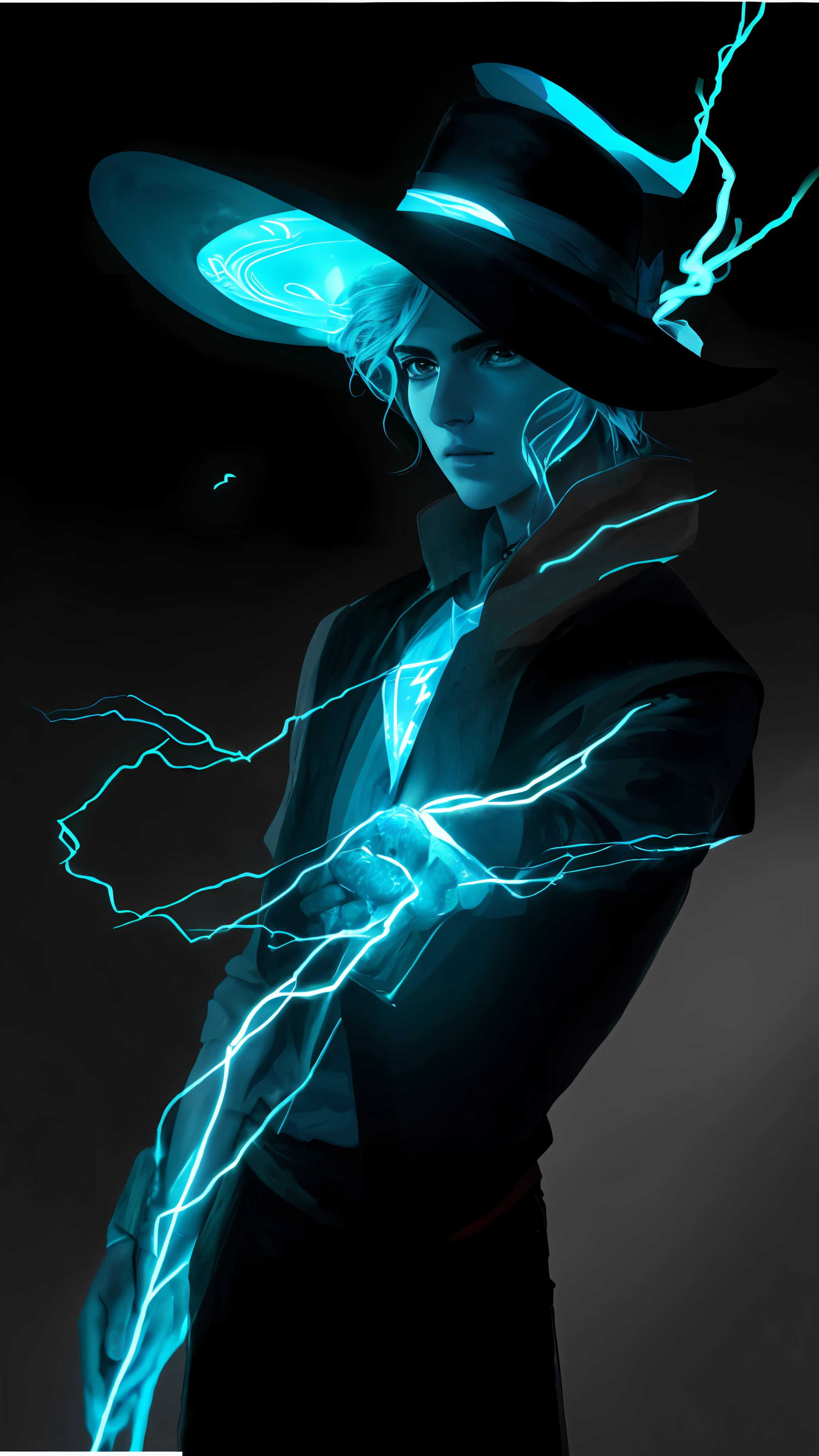 arafed image of a man in a hat with a glowing light, Retrato completo de Electromancer, he is casting a lighting spell, cyan lightning, glowing and epic, maya ali as a lightning mage, detailed lighting and thunder, clareamento luminoso, Guilherme H. Pongiluppi, aura de eletricidade, Maya Ali como uma feiticeira da tempestade, eletrizante