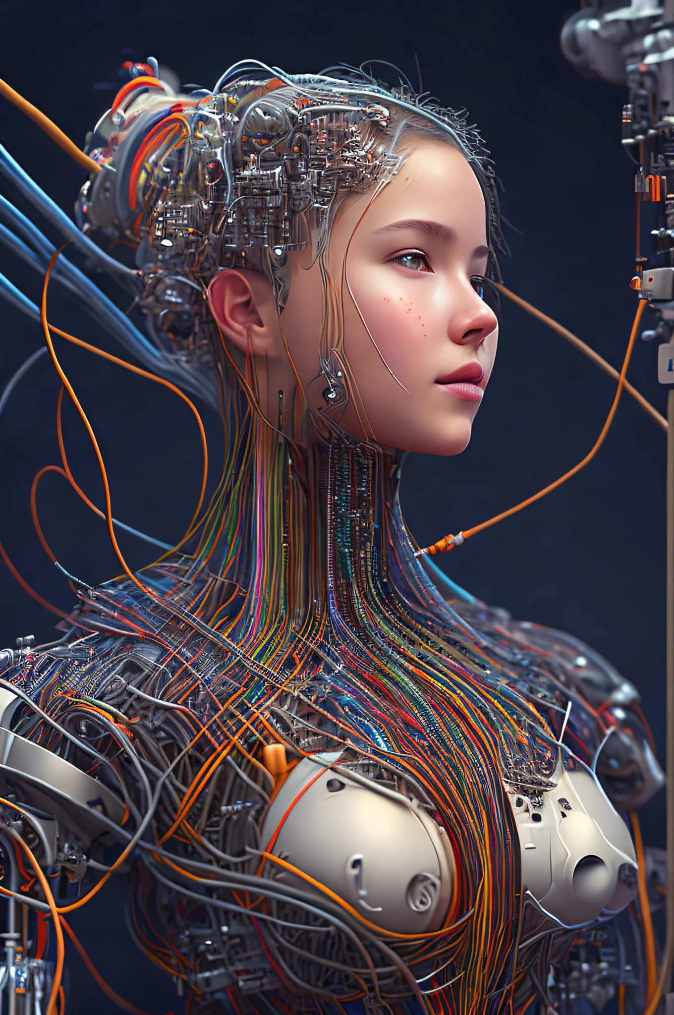 (((masterpiece))), (((best quality))), ((ultra-detailed)), (highly detailed CG illustration), ((an extremely delicate and beautiful)),(from side),cinematic light,((1mechanical girl)),solo,full body,(machine made joints:1.2),((machanical limbs)),(blood vessels connected to tubes),(mechanical vertebra attaching to back),((mechanical cervial attaching to neck)),(sitting),expressionless,(wires and cables attaching to neck:1.2),(wires and cables on head:1.2)(character focus),science fiction,extreme detailed,colorful,highest detailed