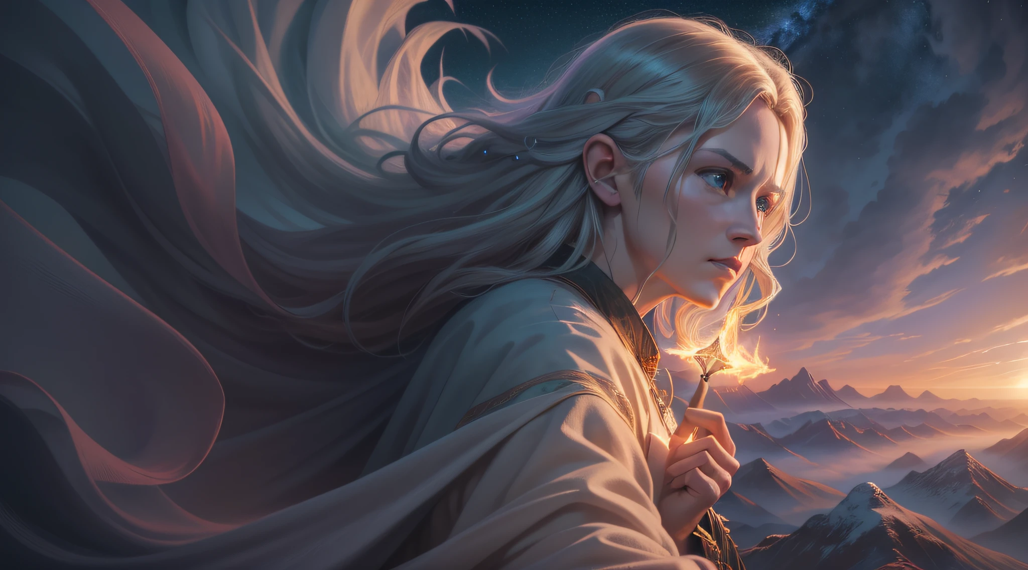 (extremely detailed and hyper-realistic CG artwork, masterpiece, best quality, impeccable sense of imagination and creativity), a majestic wizard casting a powerful spell amidst a breathtaking landscape of vast plains and towering mountains, all enveloped in the mystical aura of night and magic.