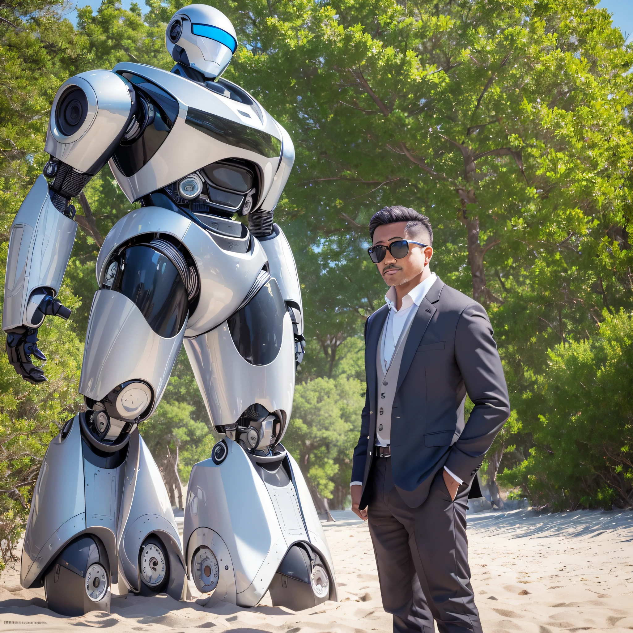 Create an adult human looking at a robot on a beach on a sunny day. The robot is black and bigger than man. The man wears a gray suit and wears sunglasses. The robot's gaze is one of curiosity. They both greet each other with their hands. --auto --s2