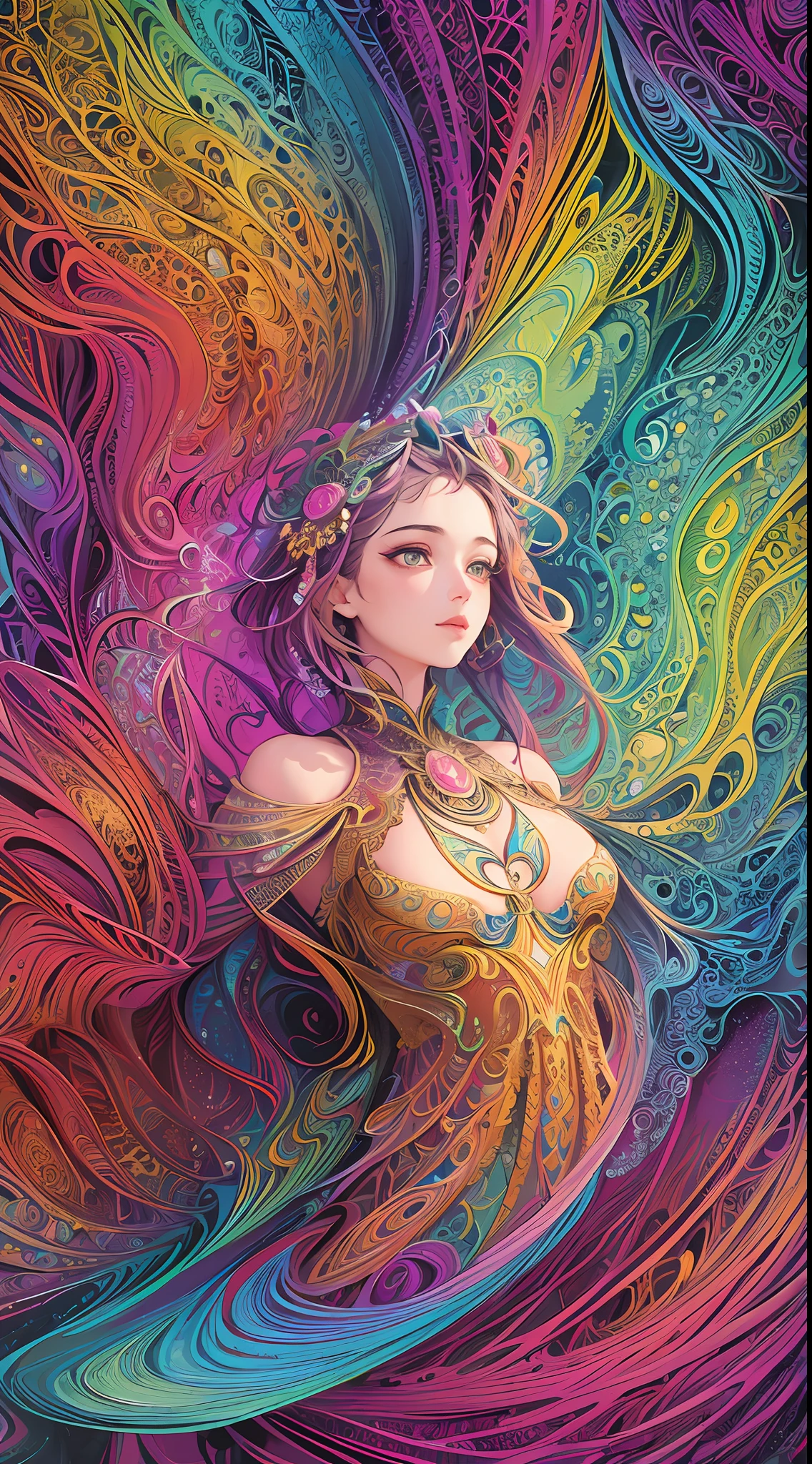 (masterpiece, top quality, best quality, official art, beautiful and aesthetic:1.2), (1girl:1.3), extremely detailed,(fractal art:1.2),colorful,highest detailed,(zentangle:1.2), (dynamic pose), (abstract background:1.5), (treditional dress:1.2), (shiny skin), (many colors:1.4), upper body