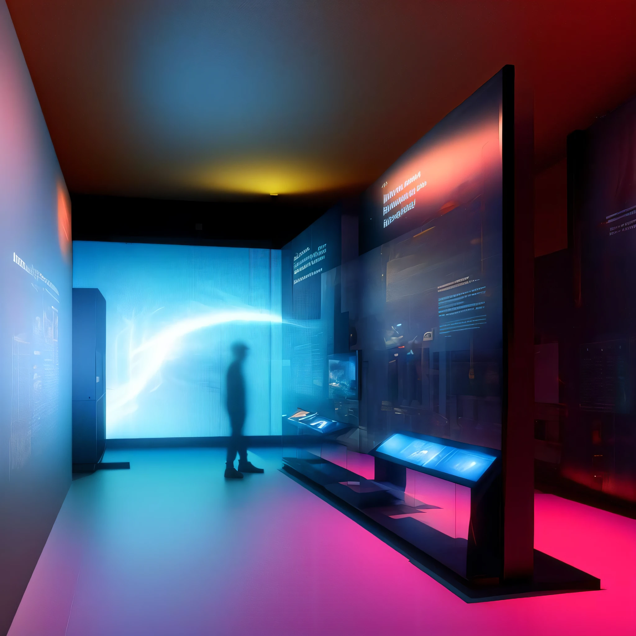 Science and technology exhibition hall, science and technology museum, there are many LED display screens on the wall, there is a huge luminous cabinet in the middle of the picture, black floor, reflective floor, human silhouette, professional lighting focuses on the showcase, tourists are watching these exhibits, there are Lots of graphic design, advertising design, ethereal space, minimalist look, high quality, highest quality, 4k, 8k, professional lighting