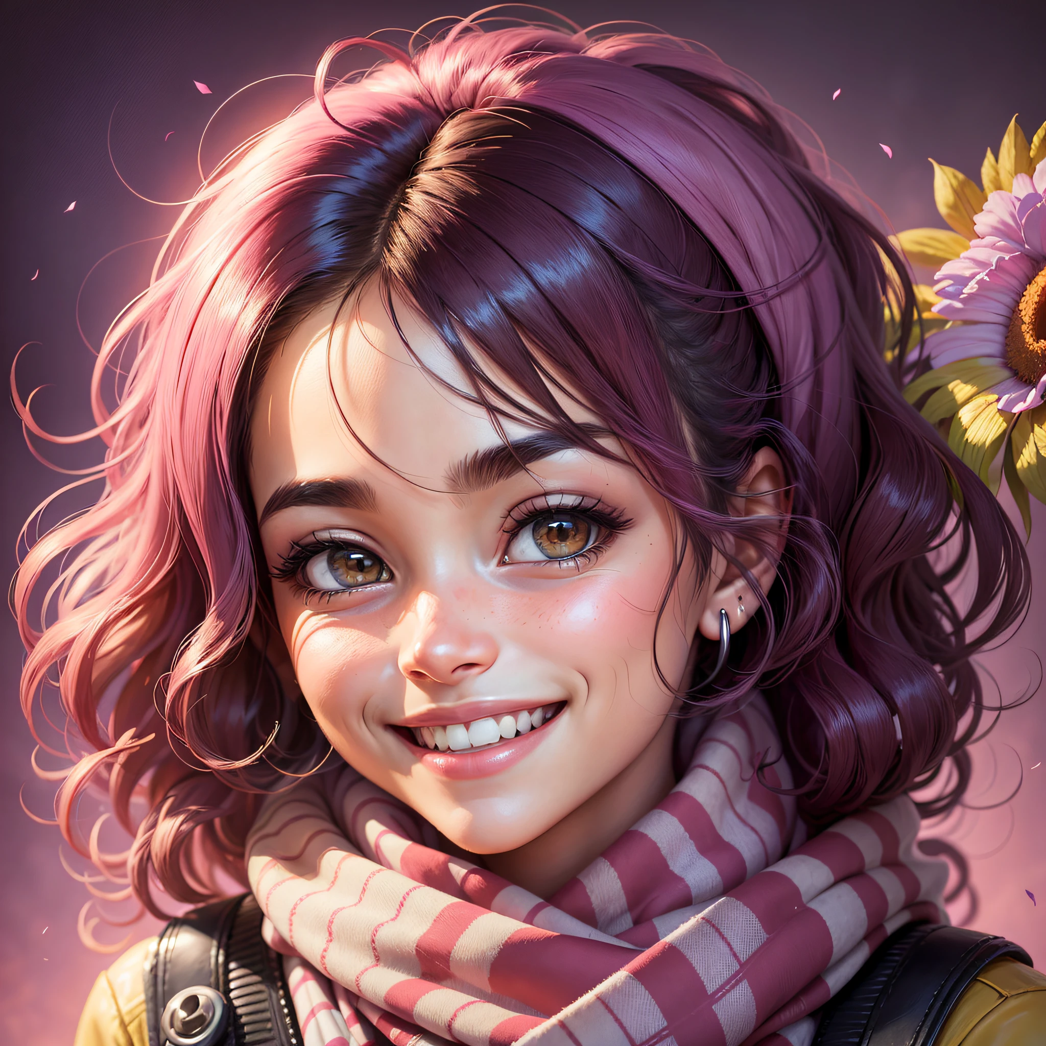 smiling woman with pink scarf and black jacket posing for a picture, Dalila Menezes, Foto de perfil do headshot, bonito e sorridente, sorriso caloroso e gentil, foto de perfil profissional, Tiroteio de glamour, happily smiling at the camera, com um lindo sorriso, foto headshot, Retrato no meio da foto, smiling soft vibrant lips, sorriso encantador, sorriso de boas-vindas --auto --s2