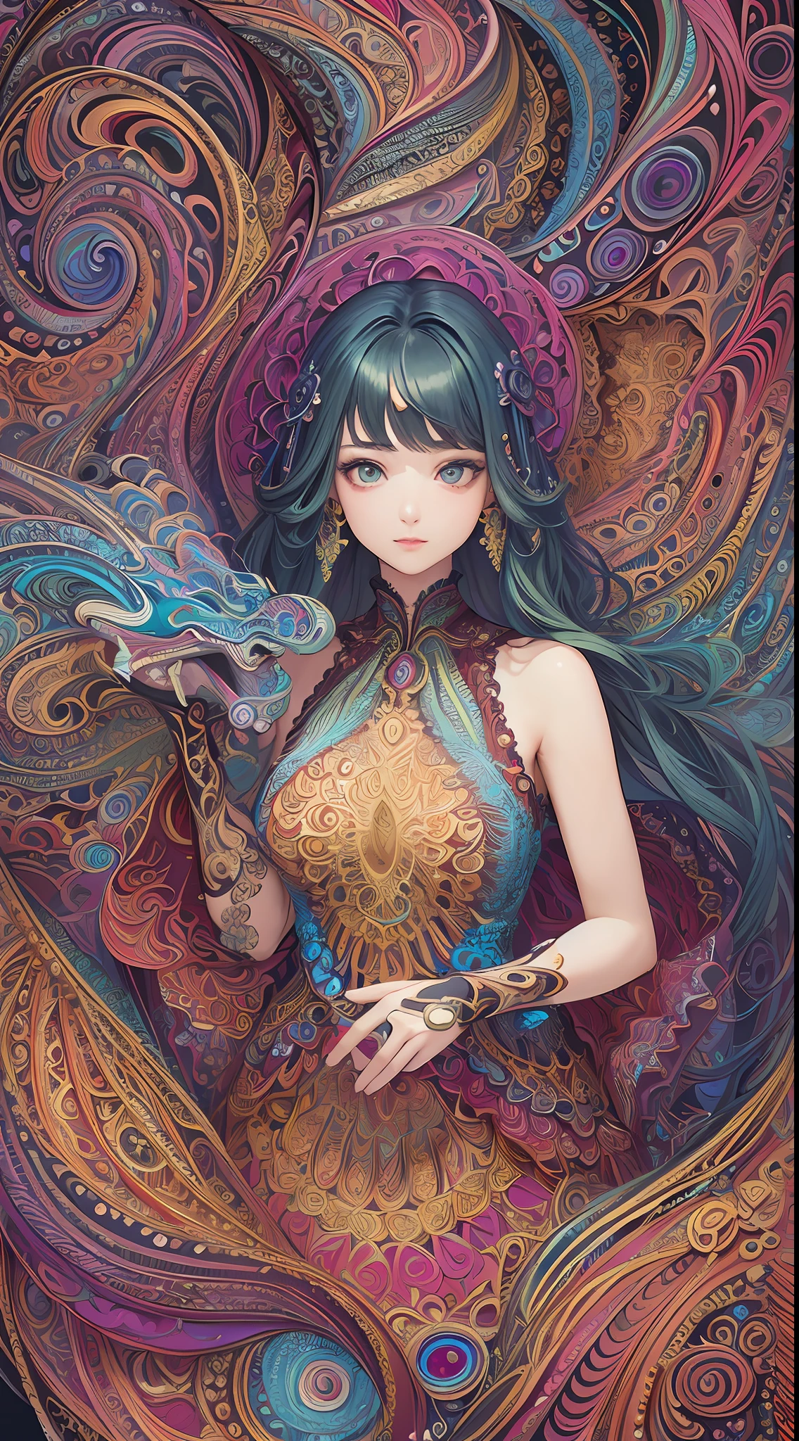 (masterpiece, top quality, best quality, official art, beautiful and aesthetic:1.2), (1girl:1.3), extremely detailed,(fractal art:1.2),colorful,highest detailed,(zentangle:1.2), (dynamic pose), (abstract background:1.5), (treditional dress:1.2), (shiny skin), (many colors:1.4), upper body