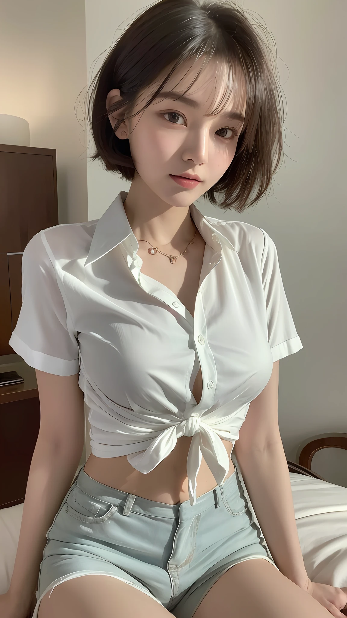 (Best quality, Ultra high resolution, Masterpiece :1.3), A pretty woman, 얼짱, Slim waist, Breast, Short hair, Attractive gaze, White tied button down shirt, ฺShorts, In suite room, Details exquisitely rendered in the face and skin texture, Detailed eyes