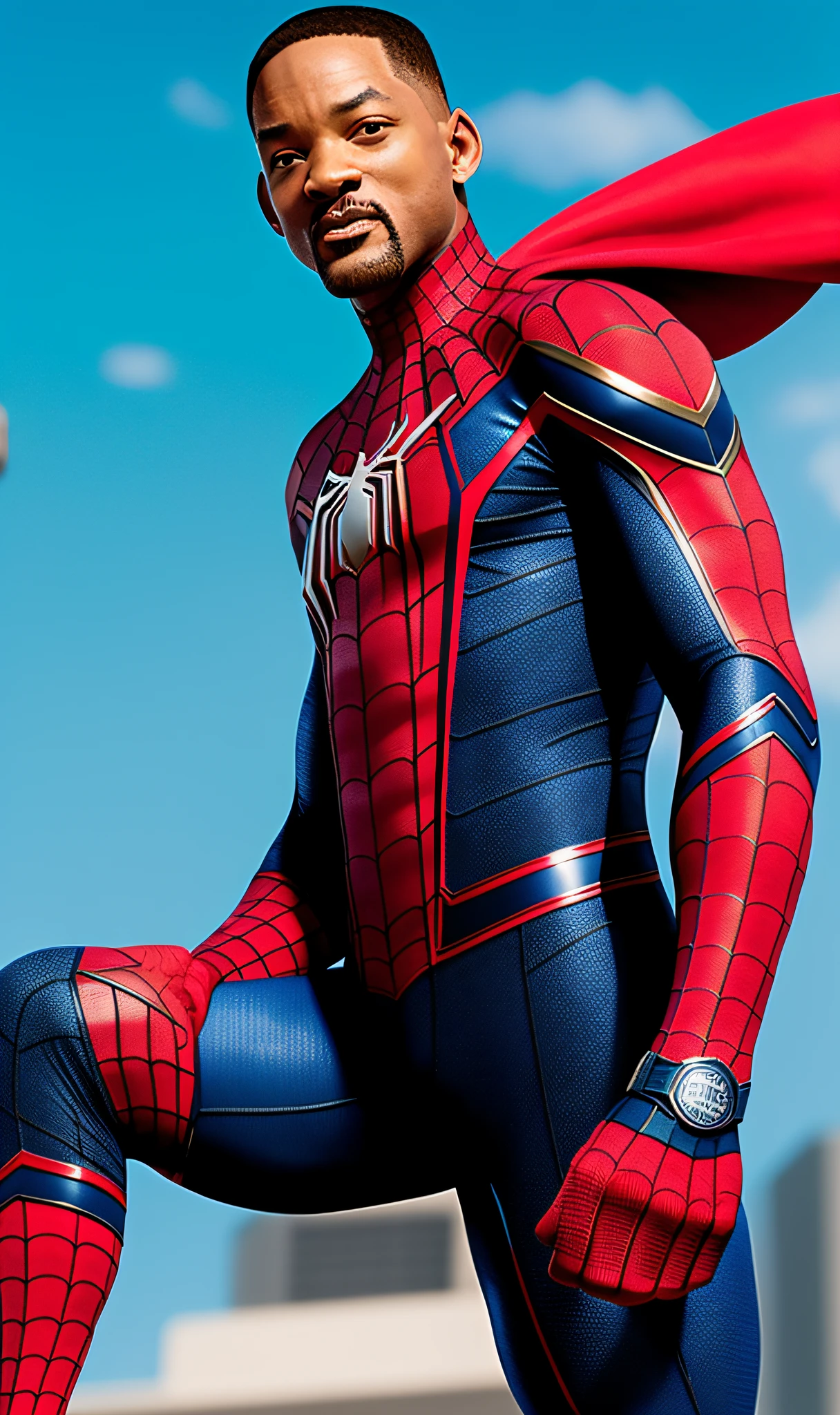 Will Smith in Spider-Man uniform, red and blue, well-crafted details, fine and well-executed, cinematic image, high resolution, ultra-realistic, 8K, full body, on a sports court.