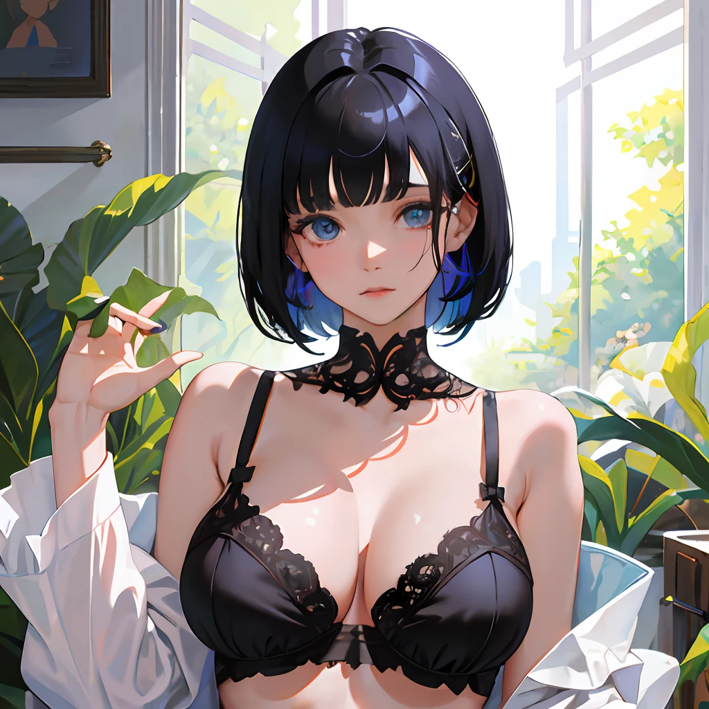 MASTERPIECE、maximum quality、High res、solo、、、、Condescending eyes、dark black hair、Shortcut Hair、front face、enormous breast、Background iridescent colors、Floral Bra、Side Tie T-Back、from below、2-handed piece、shyness、disheveled underwear、Rough breath、Sexual facial expressions