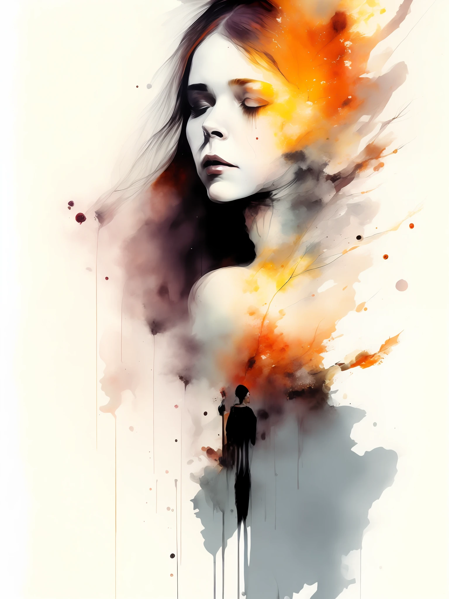 a woman by agnes cecile, luminous design, pastel colours, ink drips, autumn lights