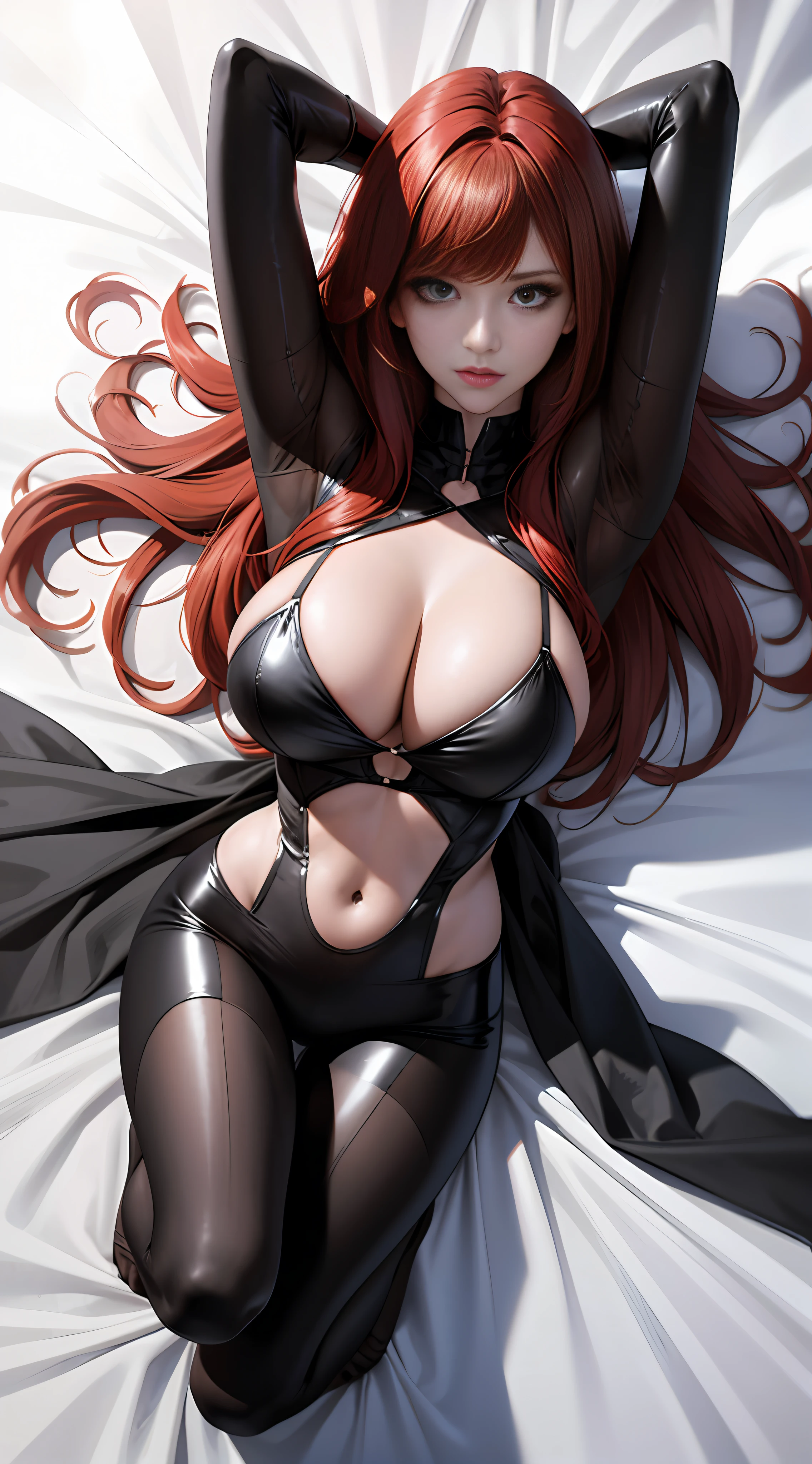 Redhead babes,black mouth mask,8K resolution,The body is strong,{{Huge_breast cleavage、}},The chest is erect,Tall,Long legs,Thin and transparent tights,{{potions,}},{{gloss}},{slender},Fair skin,{black_stockings},highest detailed,Light curls,long bangs,hollow out,Side space,Various tattoos all over the body,lying on stomach,the bed,Top perspective
