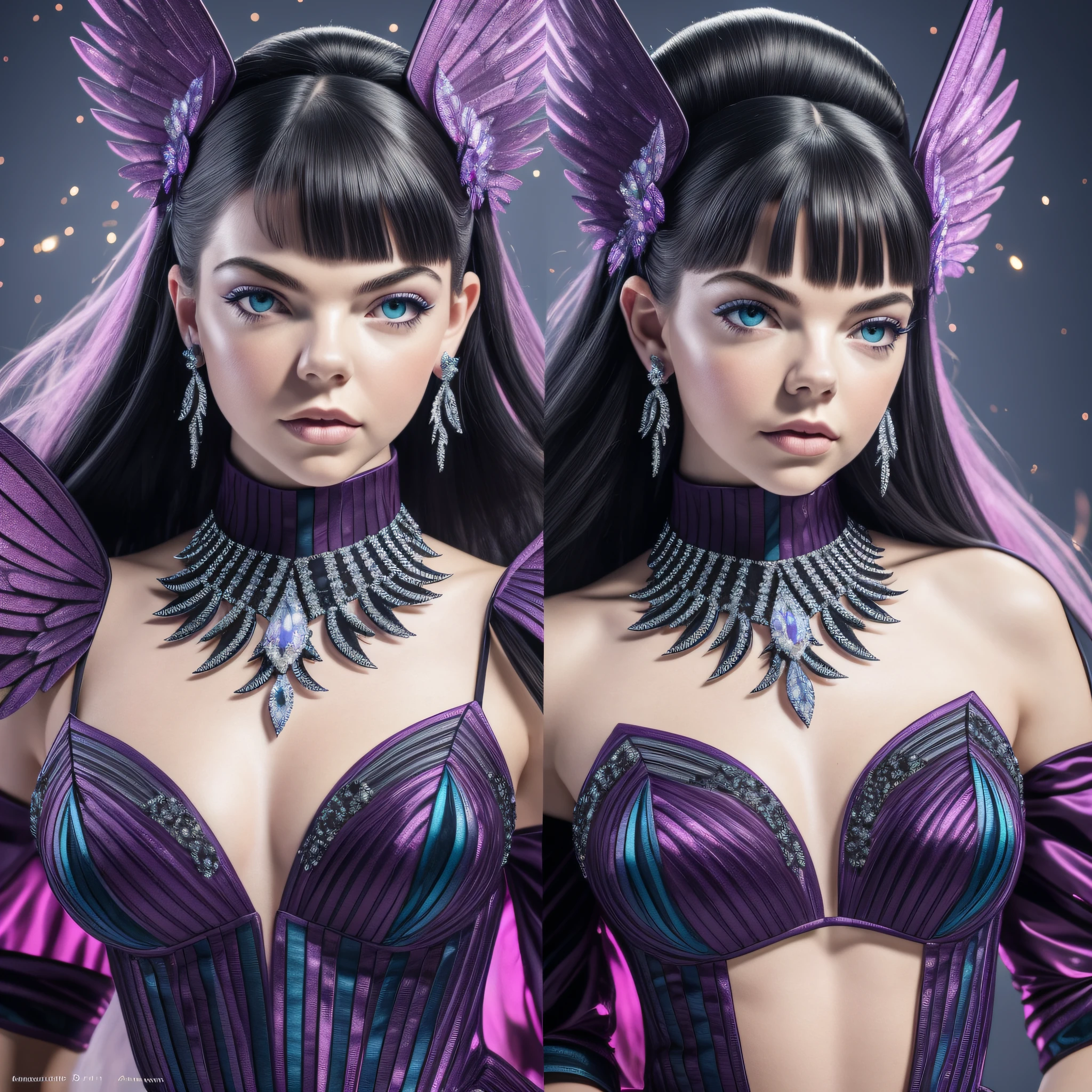 Ultra Pro Real photo of Anya Taylor with black spinel wings on the dress with sparks 

Indigo Tourmaline Diamond Kunzite, texture 16K, Gothic dress Lava extravagant ruby and hairstyle 

Short puffy strange, image 16k, haute couture, flashs rainbow glow blow spike, high quality 

image, robe extravagante soie satin feutre et lumineuse, Face teeth and suave realistic body 

Seductive revealing under-Clothing Poses Drama DSLR UHD HDR 16k "Unreal Engine 5" retina 

"LightDagger" Crystaline