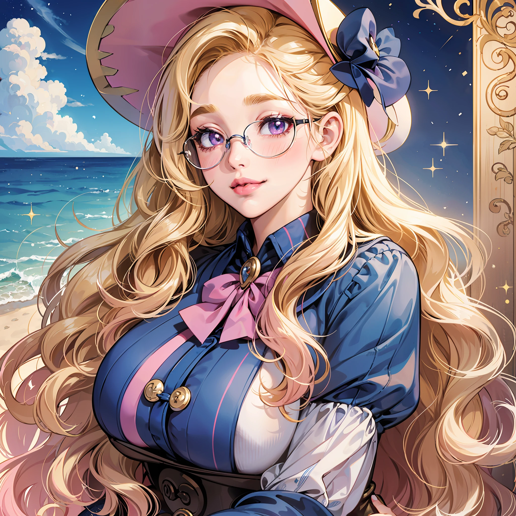 Cheekbones, plump full lips, blushing cheeks, long wavy hair, golden blonde hair, 25 years old, button nose, glossy lips, pink lipstick, ((indigo eyes)), round cheeks, big boobs, fancy dress, Pokémon trainer, Pokémon coordinator, plump lips, sweet smile, southern belle, oval glasses --auto --s2