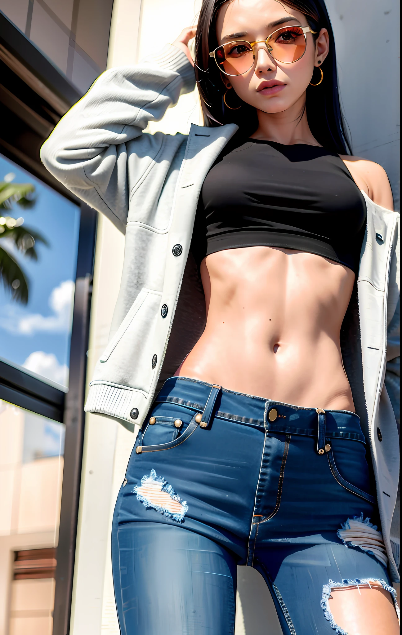 Crie uma linda jovem de 20 anos, realista, cabelos pretos, longos e lisos presos, olhos azuis brilhantes, rosto delicado brasileira, seios tamanho P e redondo, athletic body, usando uma short jeans branco, top esportivo listras verticais e uma jaqueta jeans, levitation.