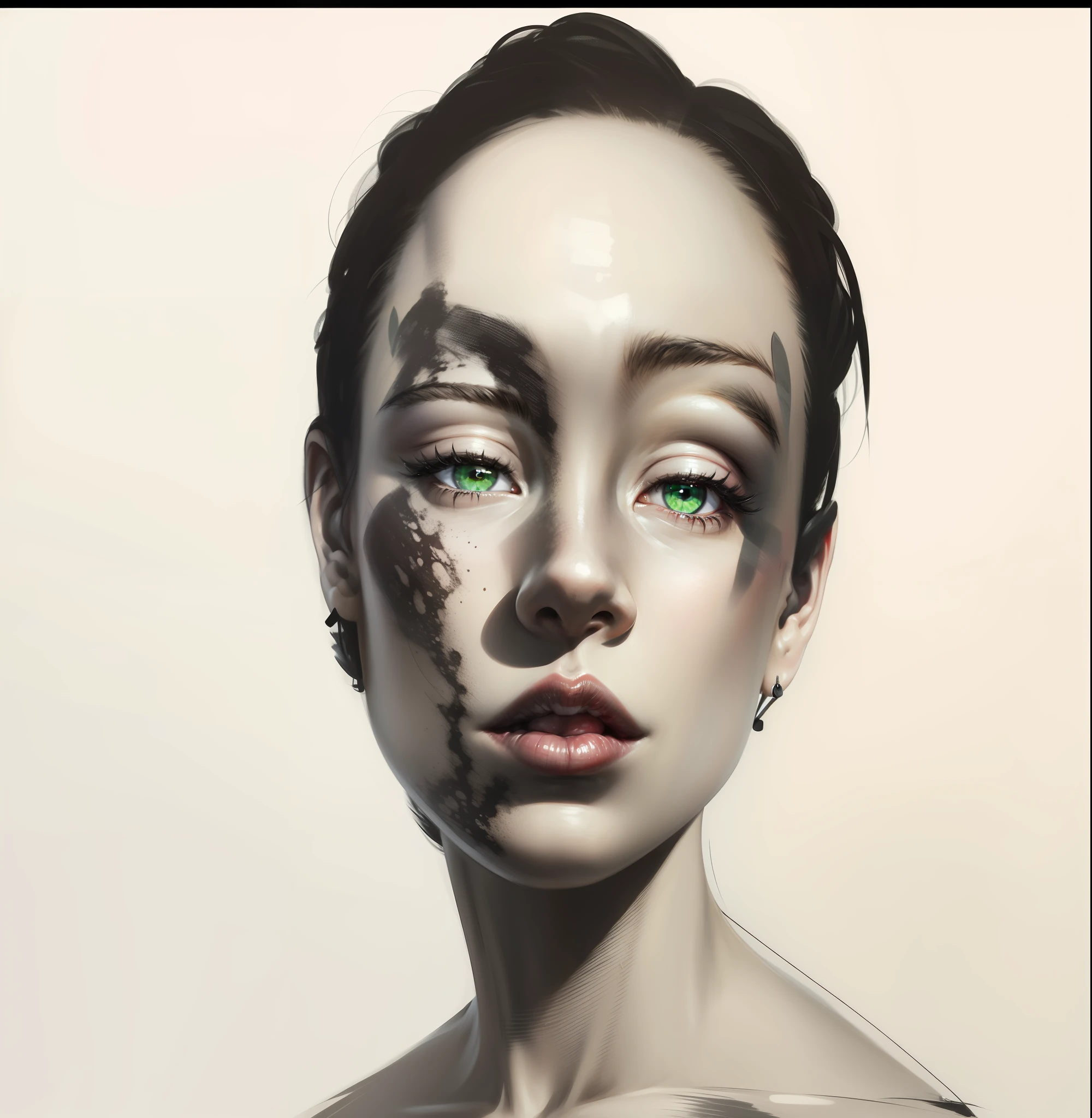 female face, green eyes, red lips, black background --auto --s2