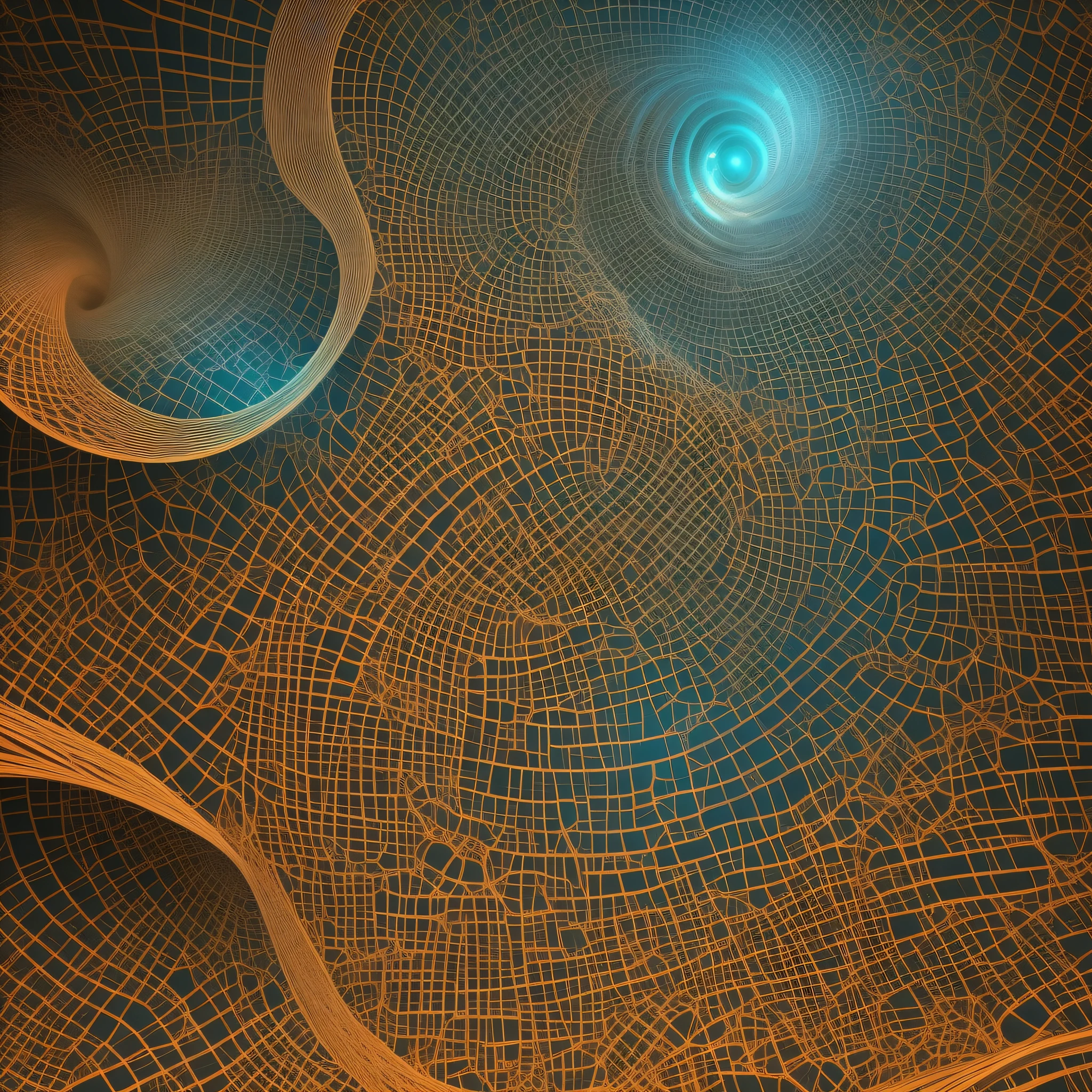 there is a very large circular structure with a blue light, tearing the fabric of space-tempo, futurismo intrincado, Direction: Daniel Chodowiecki, veias fractais. ciborgue, Wormholes, Fractais rodopiando para fora, cacos e fractal do infinito, fundo do caos fractal, Fundo fractal 3d, mundo fractal, complex alien fractal structure