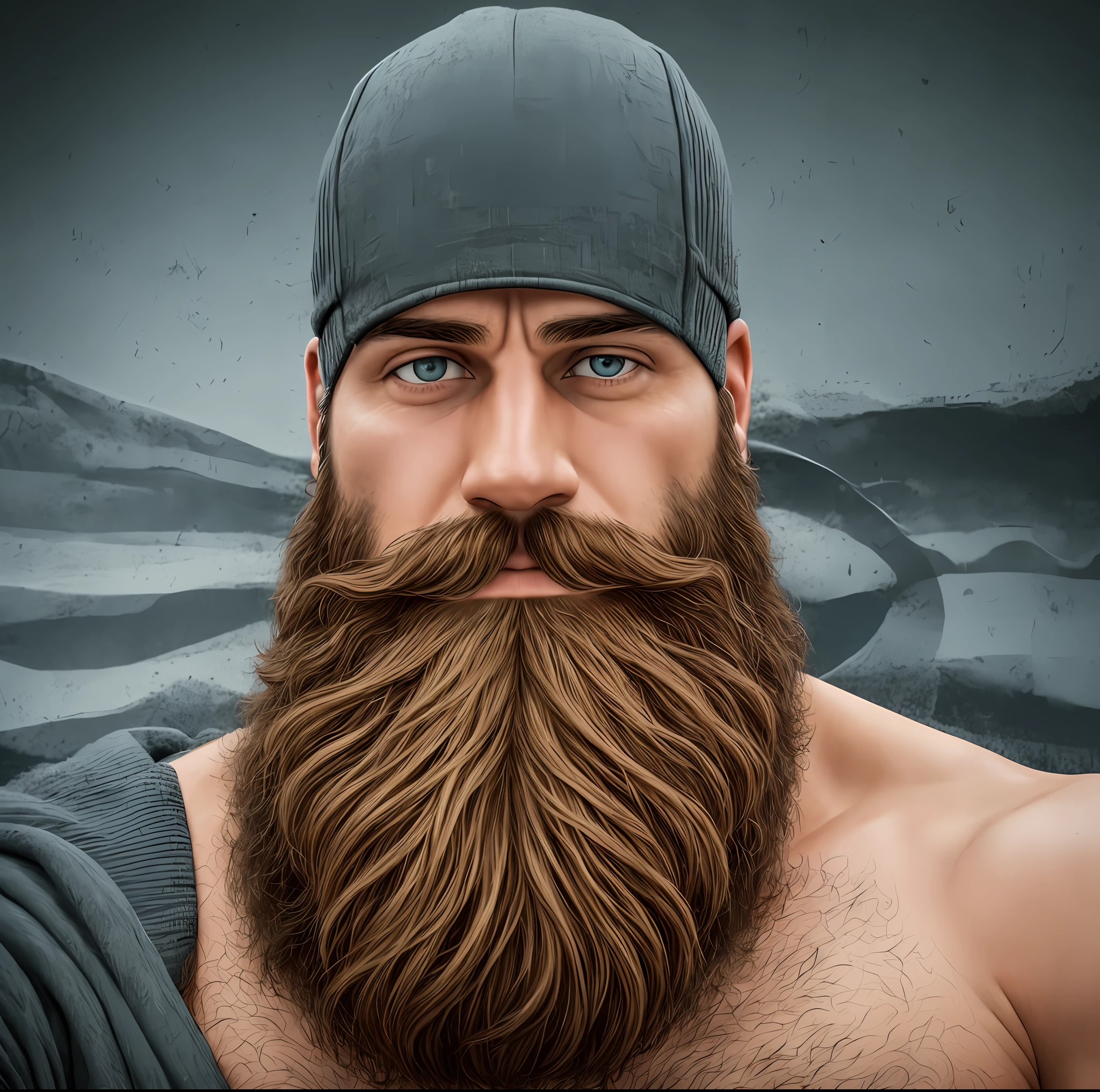 Homem com barba e touca azul tirando uma selfie, barba cheia, barba longa, barba robusta, barba natural, barba marrom longa, barba grossa, barba grossa, longa barba despenteada, barba grisalha, barba arrumada, barba, bearded and built, rough beard, epic beard, Barba Viking, barba grande, barba marrom grossa,numa floresta detalhada,imagem em 40k
