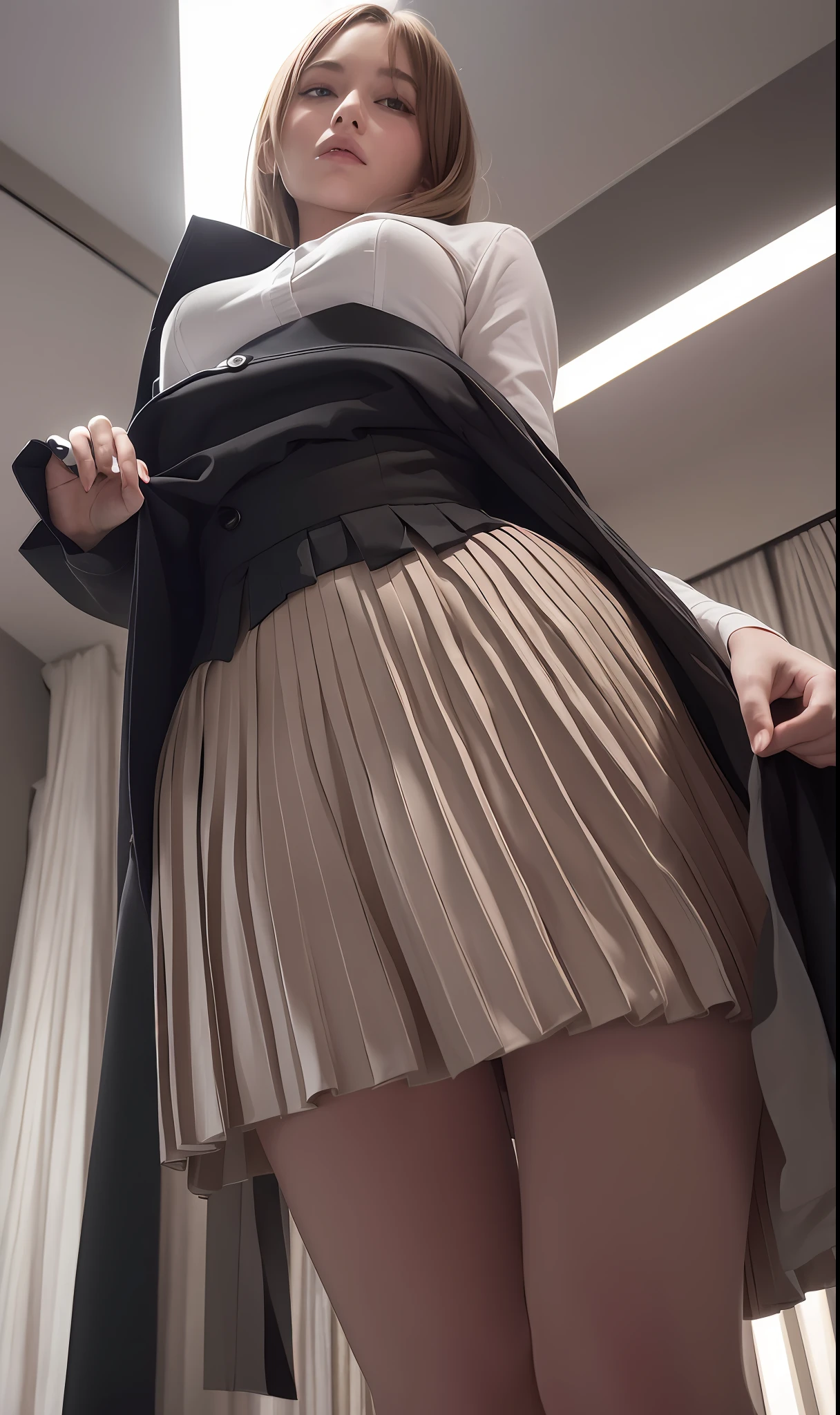 (best quality), (highres), masterpiece,(cinema lighting),(extremely beauty),Looking up from under the skirt, (pleated skirt), detailed, looking at viewer, solo focus,groping, skirt lift, black thighhighs,
