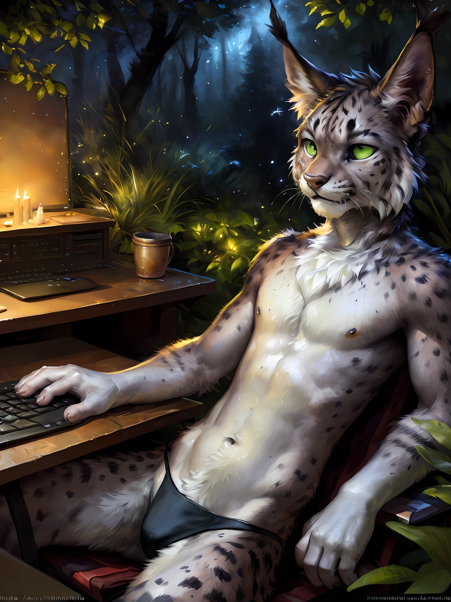 solo, male, (slim), (male antro lynx annoyed face):1.3, (laying on back):1.3, (kemono:1.4) (typing on the computer) extremely hot temperature, extreme sweating, wet fur, (black thong, red pattern:1.2), detailed eyes, lynx tail, ((body portrait)), wearing stripped stockings , (detailed eyes, green eyes, glowing eyes):1.1, (outdoors:1.35), computer, forest fire , candle, night, (particles ,firefly, blue glowing):1.3, detailed background, photo-realistic, realistic hands, 8k HD, (dark shadows, wide dynamic range, hdr, low light:1.2), by (by Pino Daeni, (by ruaidri), (by virtyalfobo), (by Kenket).