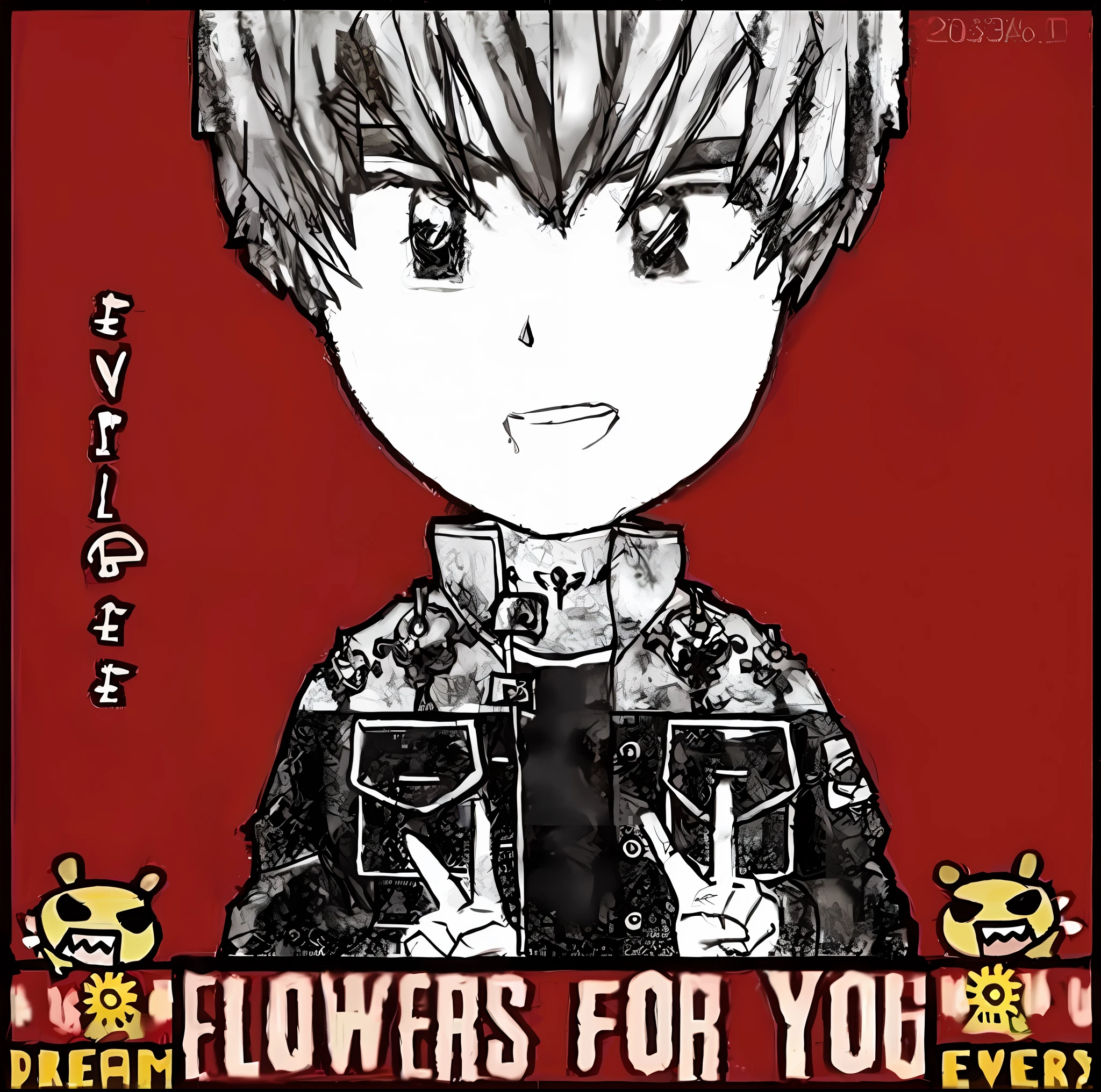 a picture of a drawing of a boy with a red background,, official fanart, anime cover, cute
