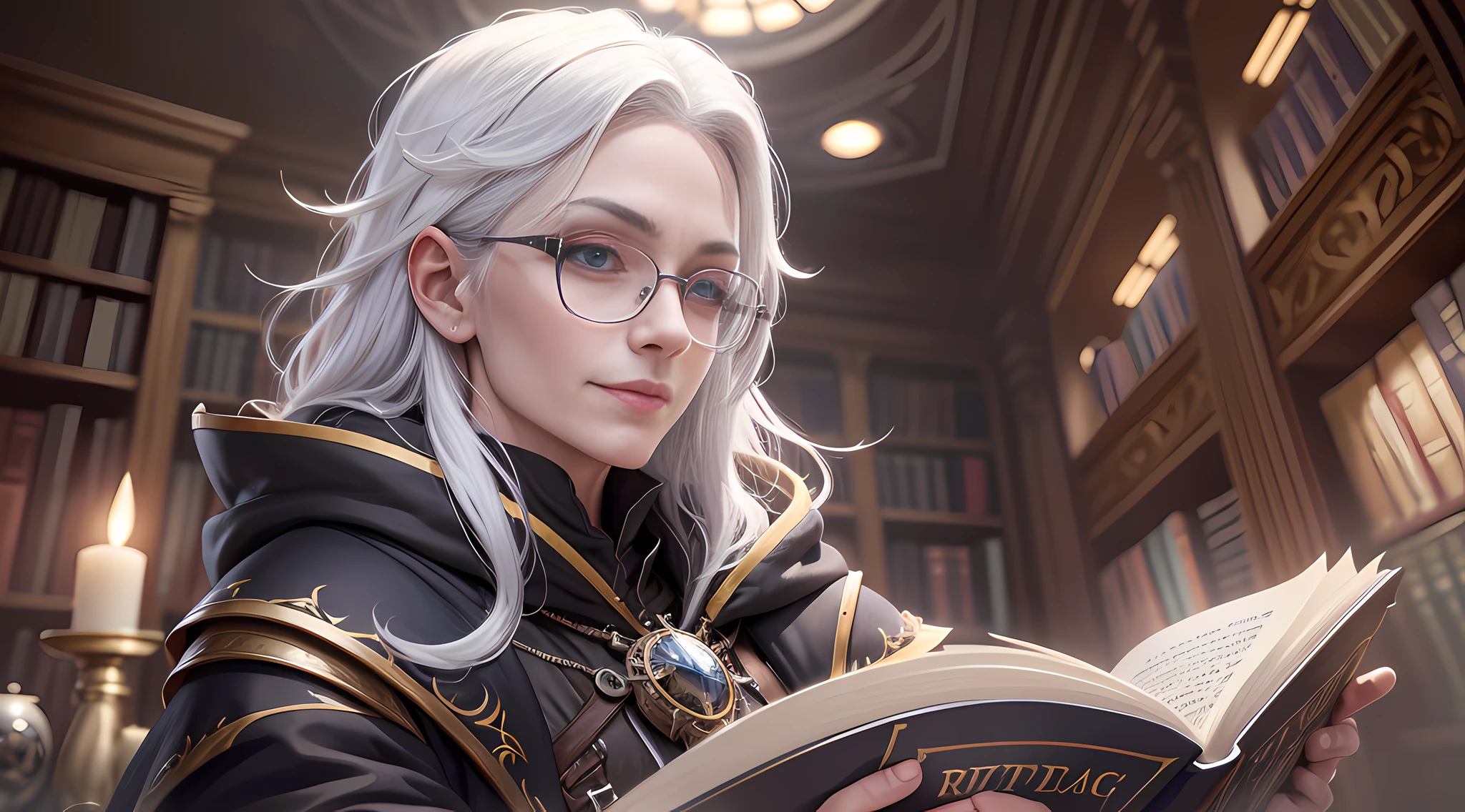 wizard reading a book in the library, white hair, rimless eyewear, hood, amber eyes, amber eyes, evil smile, Gothic art, close-up, Ultra-Wide Angle, UHD, anatomically correct, super detail, high details, high details, high quality, best quality, 8k, 8k --auto --s2