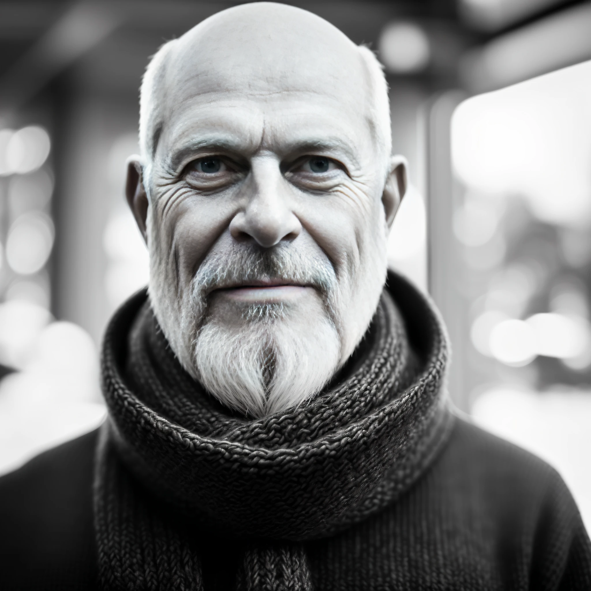 ((RAW PHOTO)), upper body Portrait photo of an Old Man, Wearing scarf ,((Award wining)), ((Photo realistic: 1.4)), intricate, detailed, Dramatic Lightning, ((Black And White )), (( no hair: 1.4)), ((Bright Eyes: 1.5)), ((Beard: 1.1)), wearing wool pullover: 1.3, winter, japanese street background, ((Top Quality, Hyper realistic, Hyper Detailed, 8k, Close up)), ((Mouth closed: 1.3)),((sad face: 1.7)),clean wrinkled face in detail:0.7, full portrait, 80 years old, ((3/4 face: 1.4))