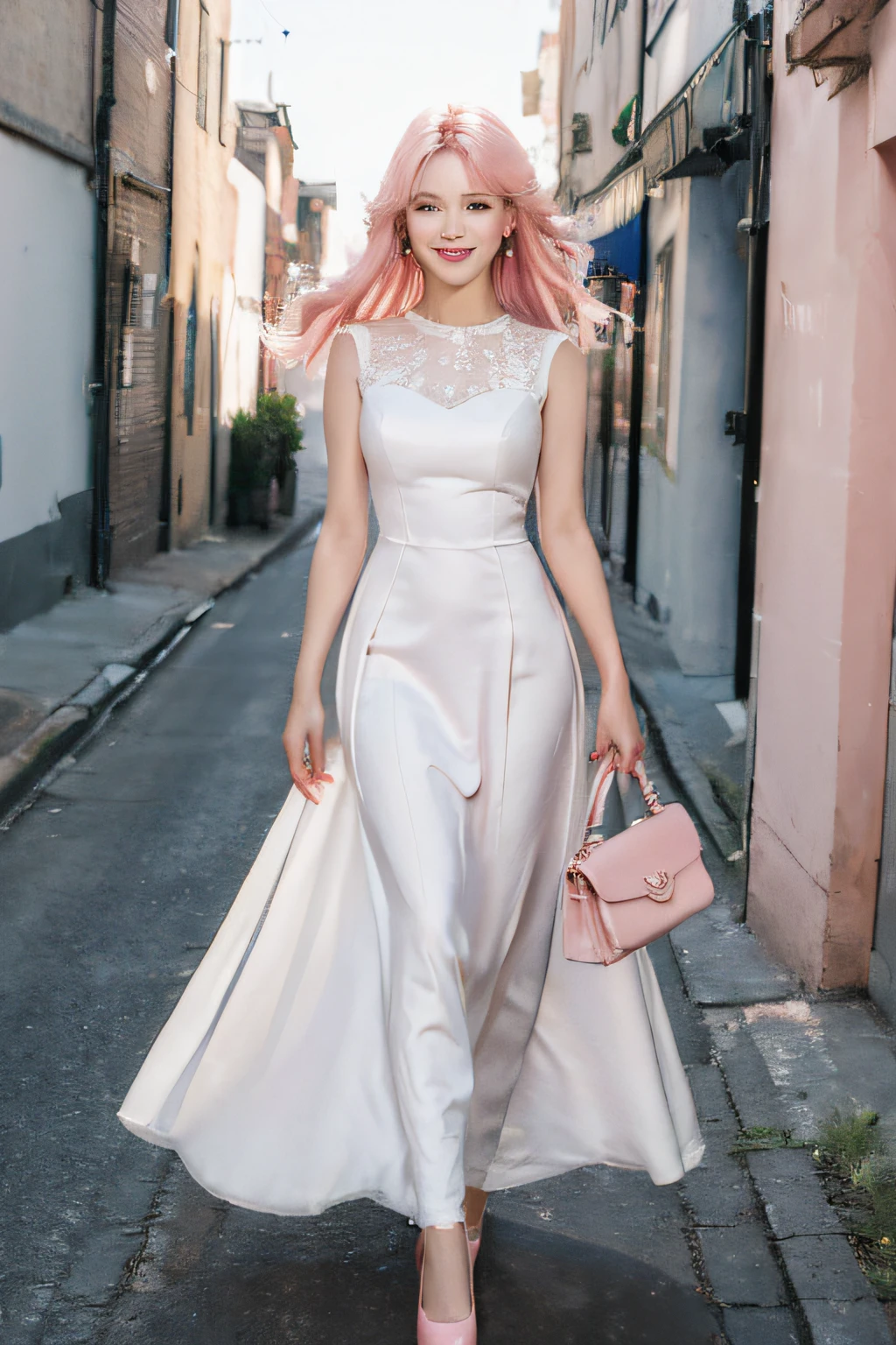 (Masterpiece:1.5),(Best Quality:1.5),High Resolution,Highly Detailed,3DMM,Perfect Face,Perfect Eyes,(Low Contrast:1.1),Full body photo,Graffiti,Smile,White Long Dress Evening Dress,Light pink hair,Pink Pumps,.