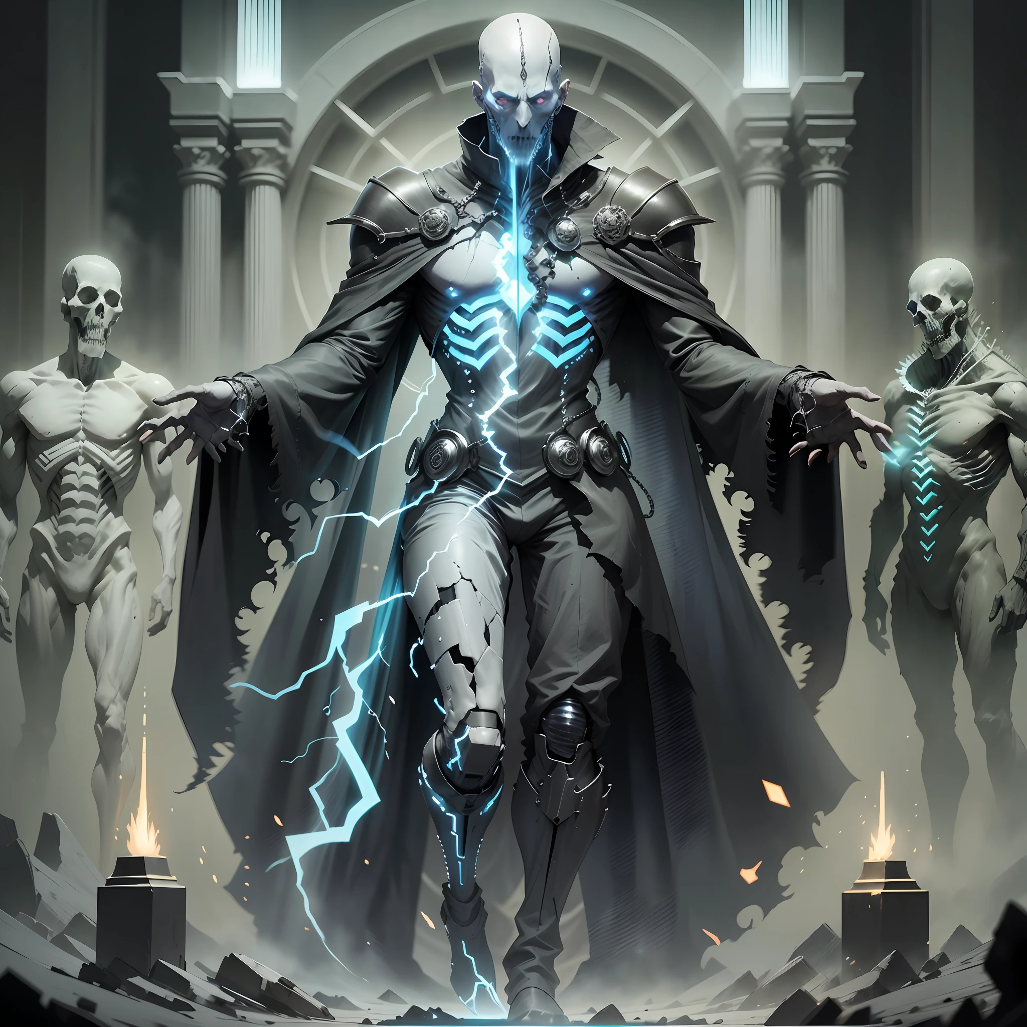 a spectral-looking necromancer. His skin is pale as death, almost translucent, and his eyes shine with a ghostly aura. He's thin and tall, com longos cabelos negros e desgrenhados. Seu manto negro flutua ao seu redor, while shadows dance at your command. --auto --s2